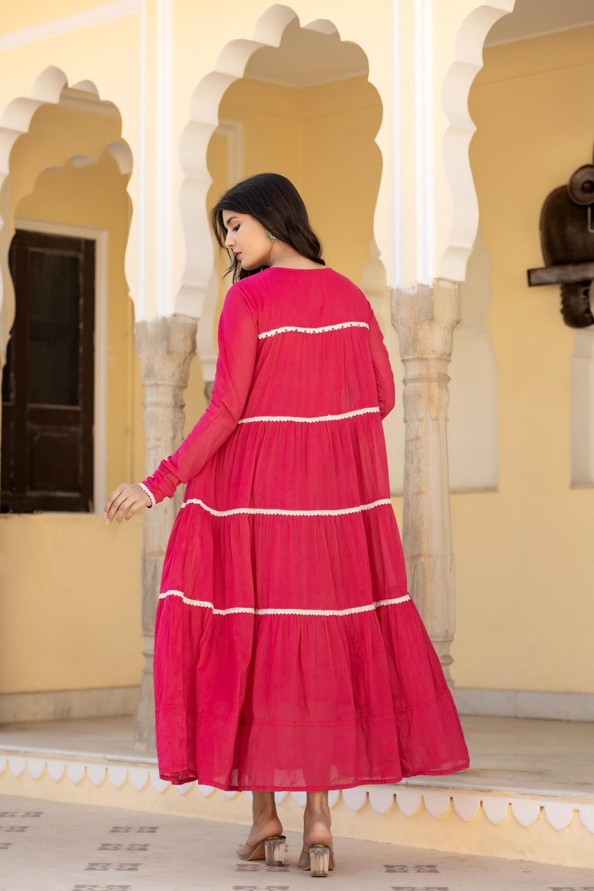 Juniper Fuchsia Tiered Ethnic Maxi Dress with Lace Inserts | Grocsy