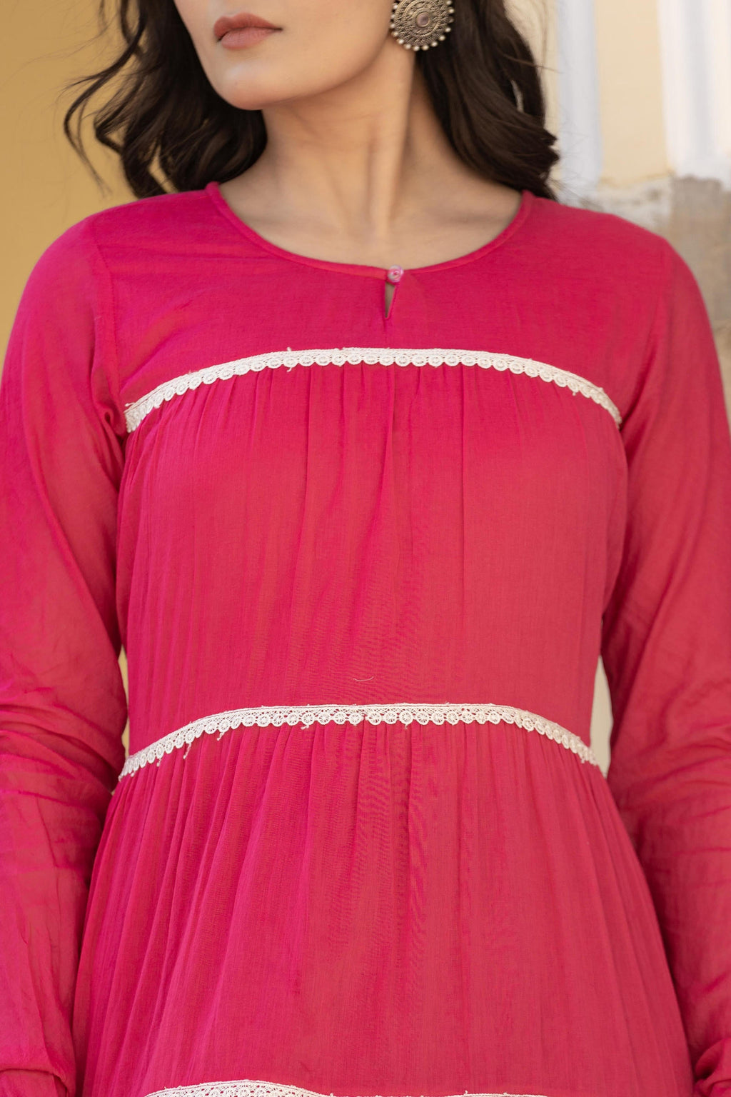 Juniper Fuchsia Tiered Ethnic Maxi Dress with Lace Inserts | Grocsy