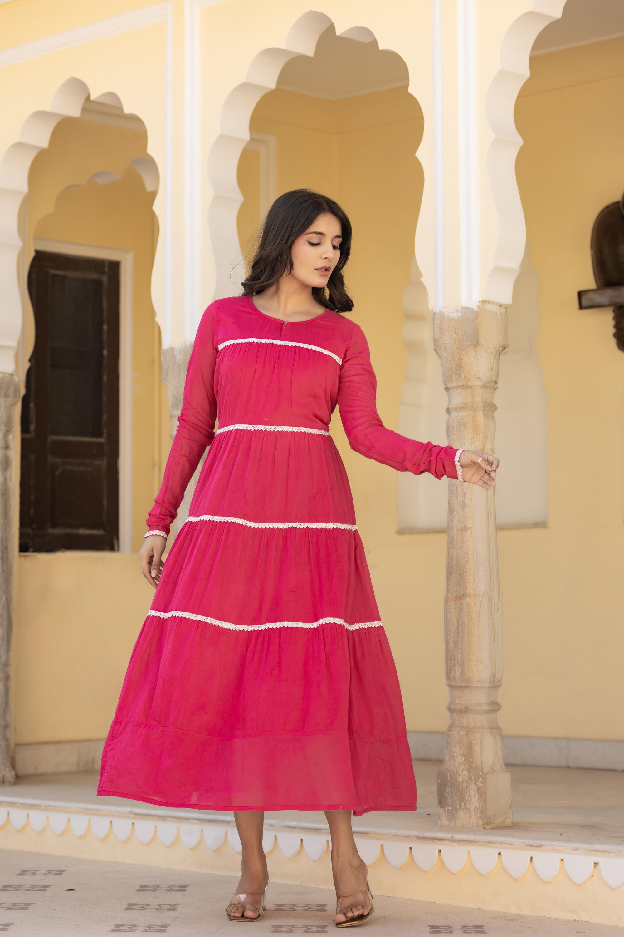 Juniper Fuchsia Tiered Ethnic Maxi Dress with Lace Inserts | Grocsy