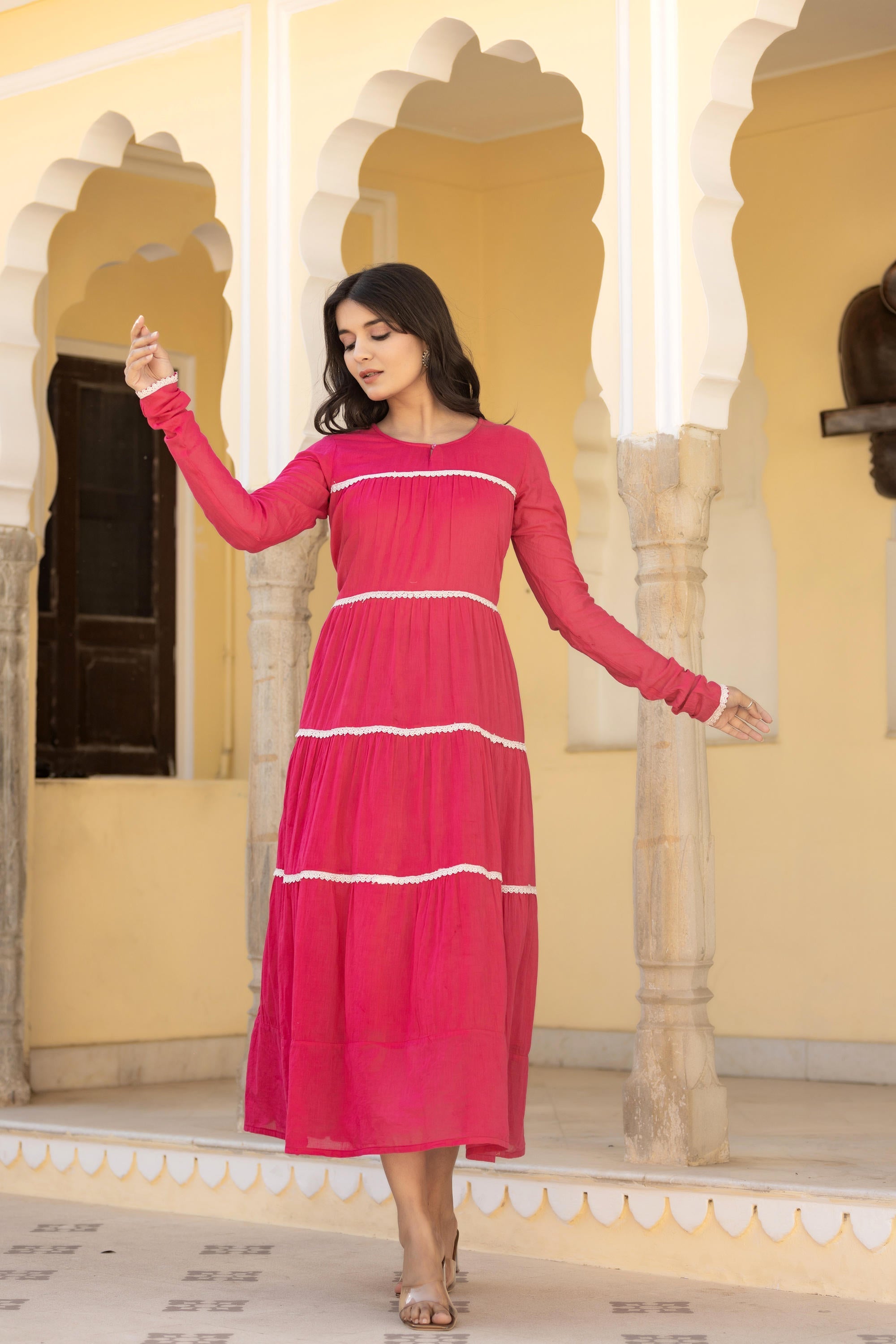 Juniper Fuchsia Tiered Ethnic Maxi Dress with Lace Inserts | Grocsy