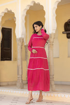 Juniper Fuchsia Tiered Ethnic Maxi Dress with Lace Inserts | Grocsy