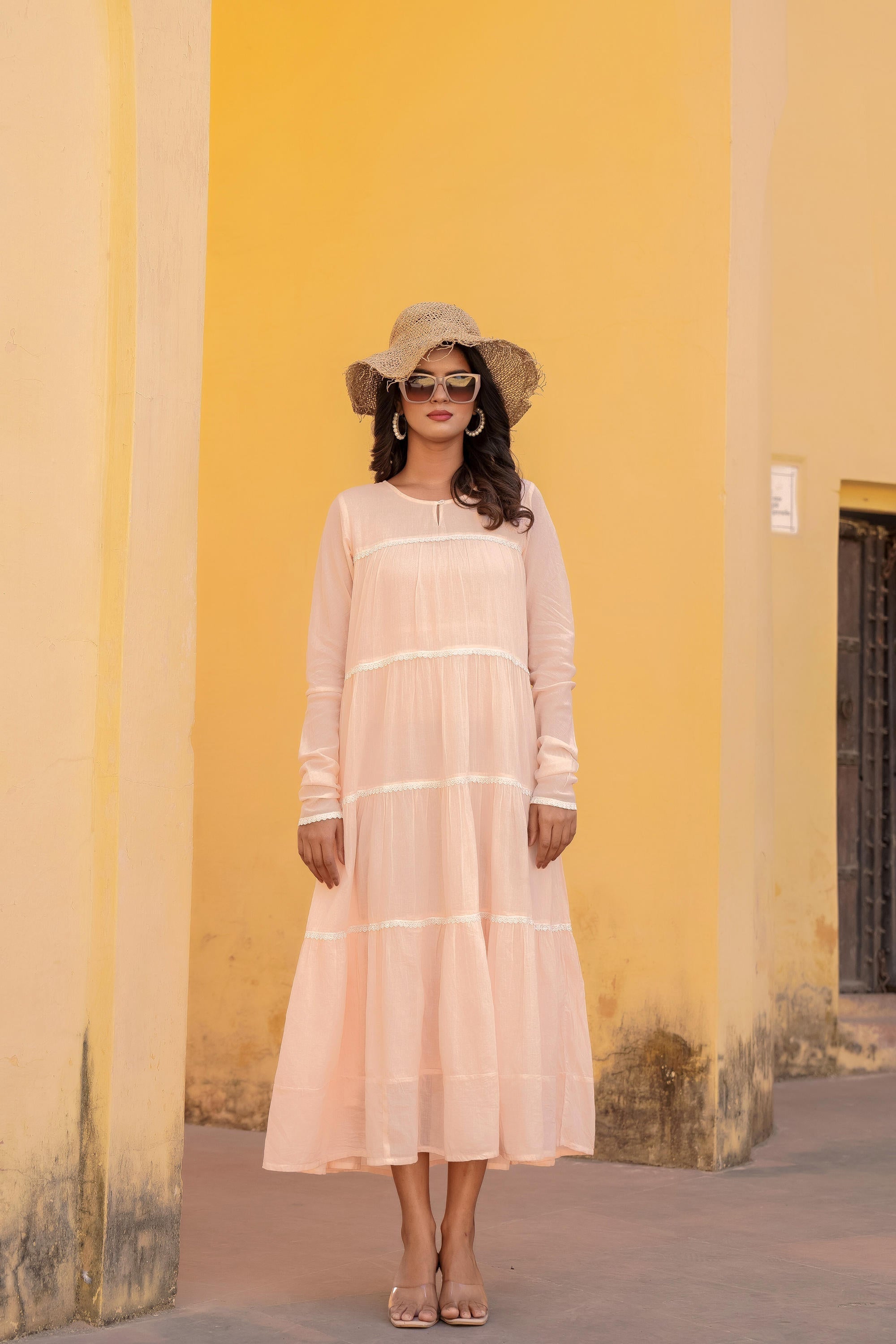 Juniper Peach Tiered Ethnic Maxi Dress with Lace Inserts | Grocsy