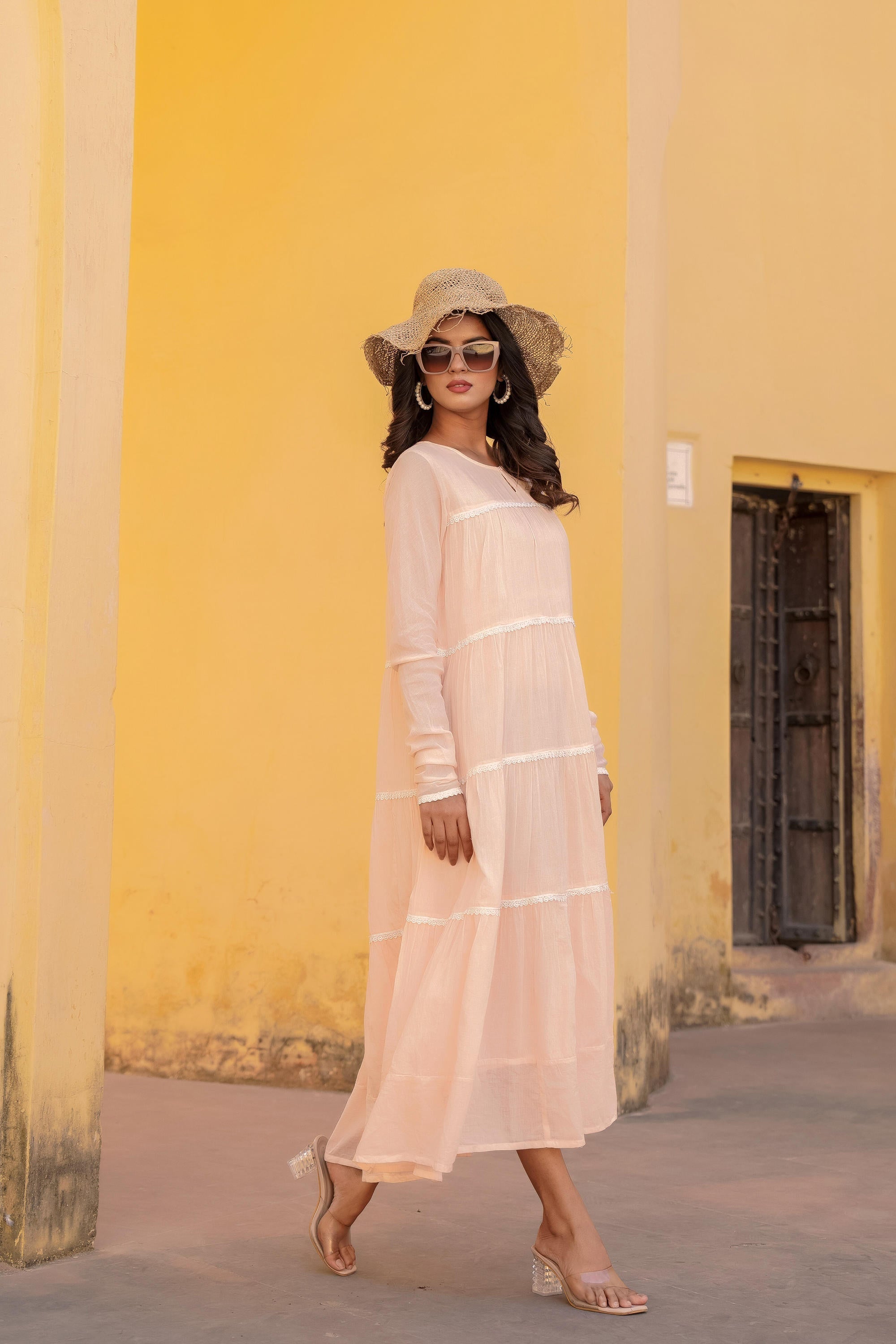 Juniper Peach Tiered Ethnic Maxi Dress with Lace Inserts | Grocsy