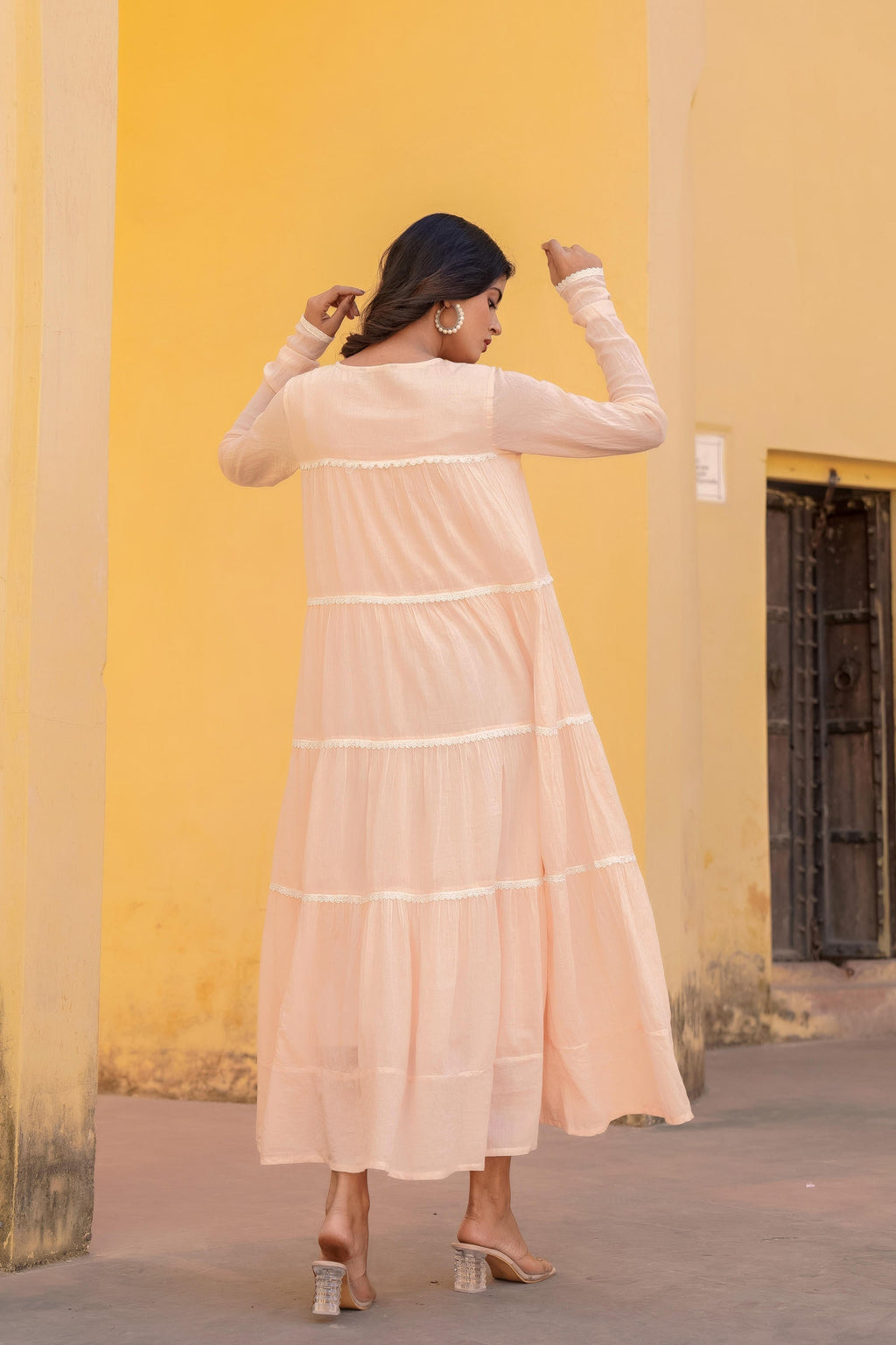 Juniper Peach Tiered Ethnic Maxi Dress with Lace Inserts | Grocsy