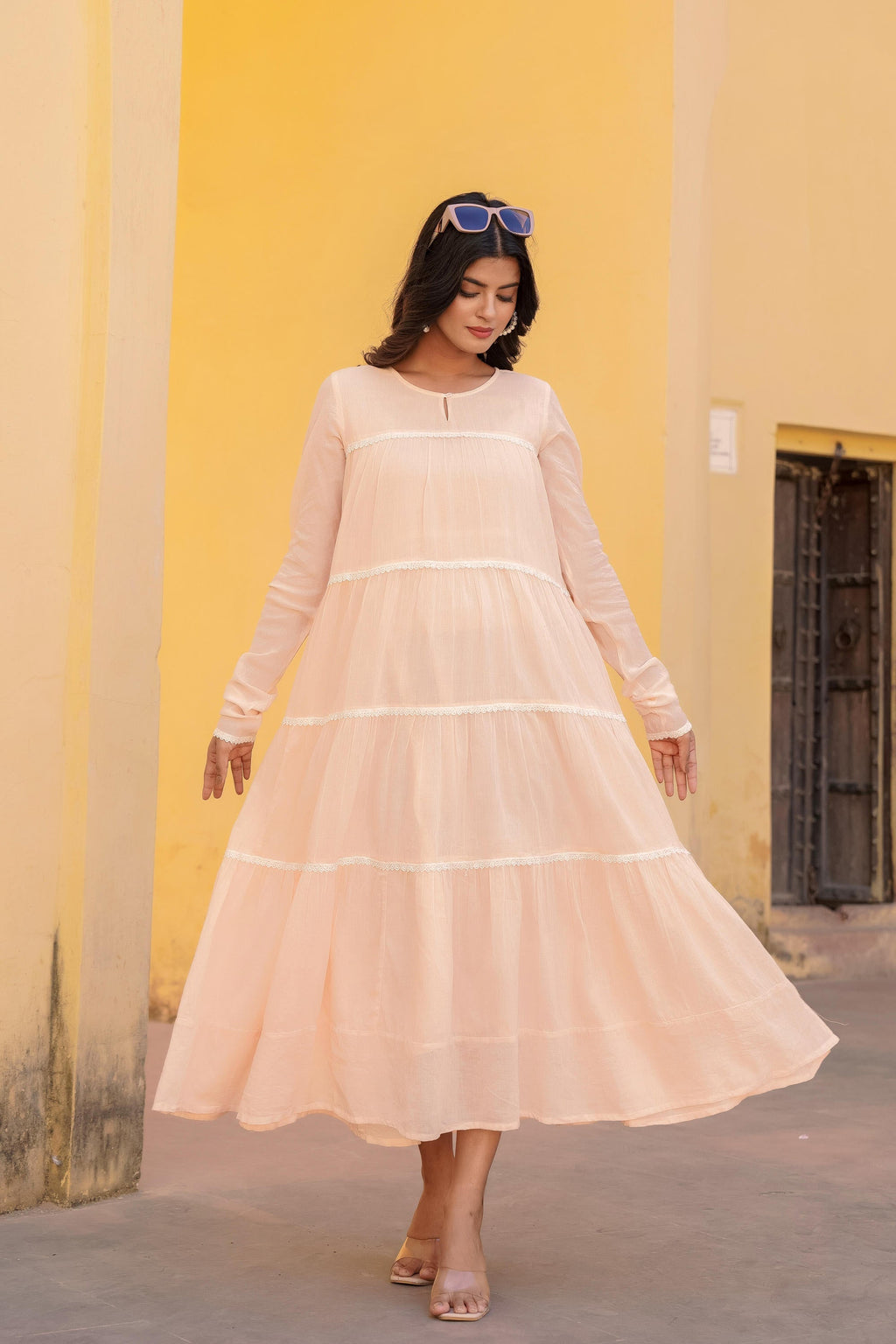 Juniper Peach Tiered Ethnic Maxi Dress with Lace Inserts | Grocsy