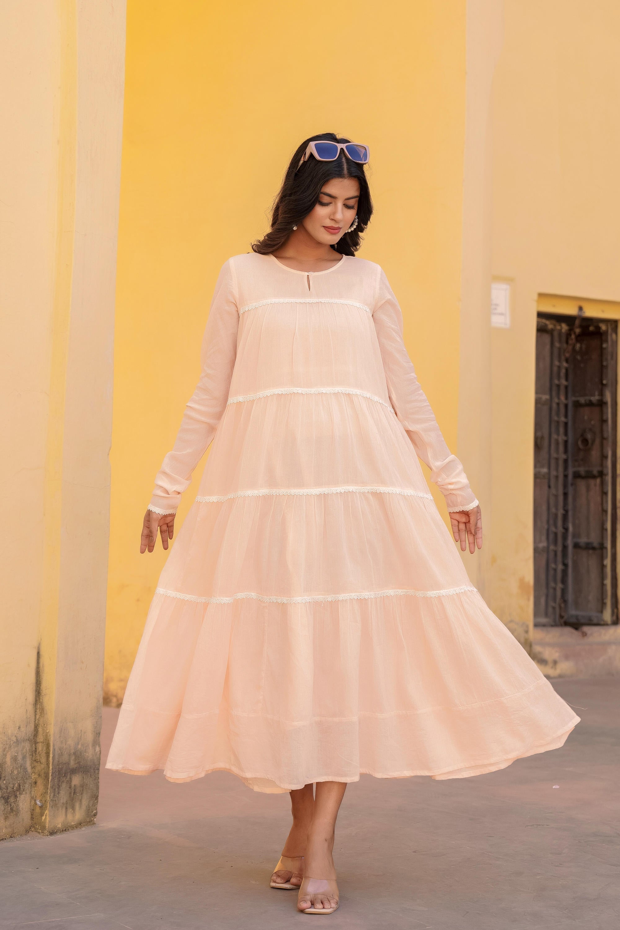 Juniper Peach Tiered Ethnic Maxi Dress with Lace Inserts | Grocsy
