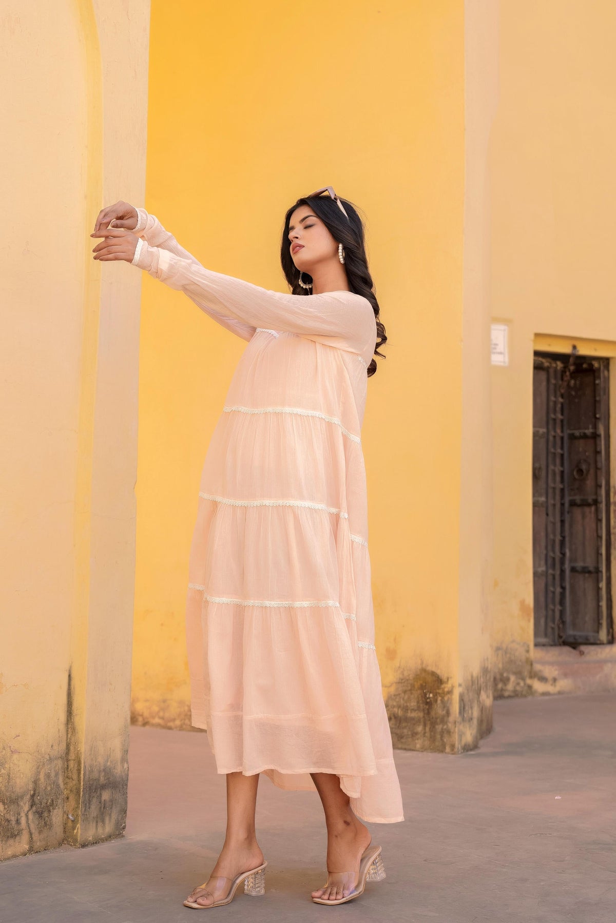 Juniper Peach Tiered Ethnic Maxi Dress with Lace Inserts | Grocsy