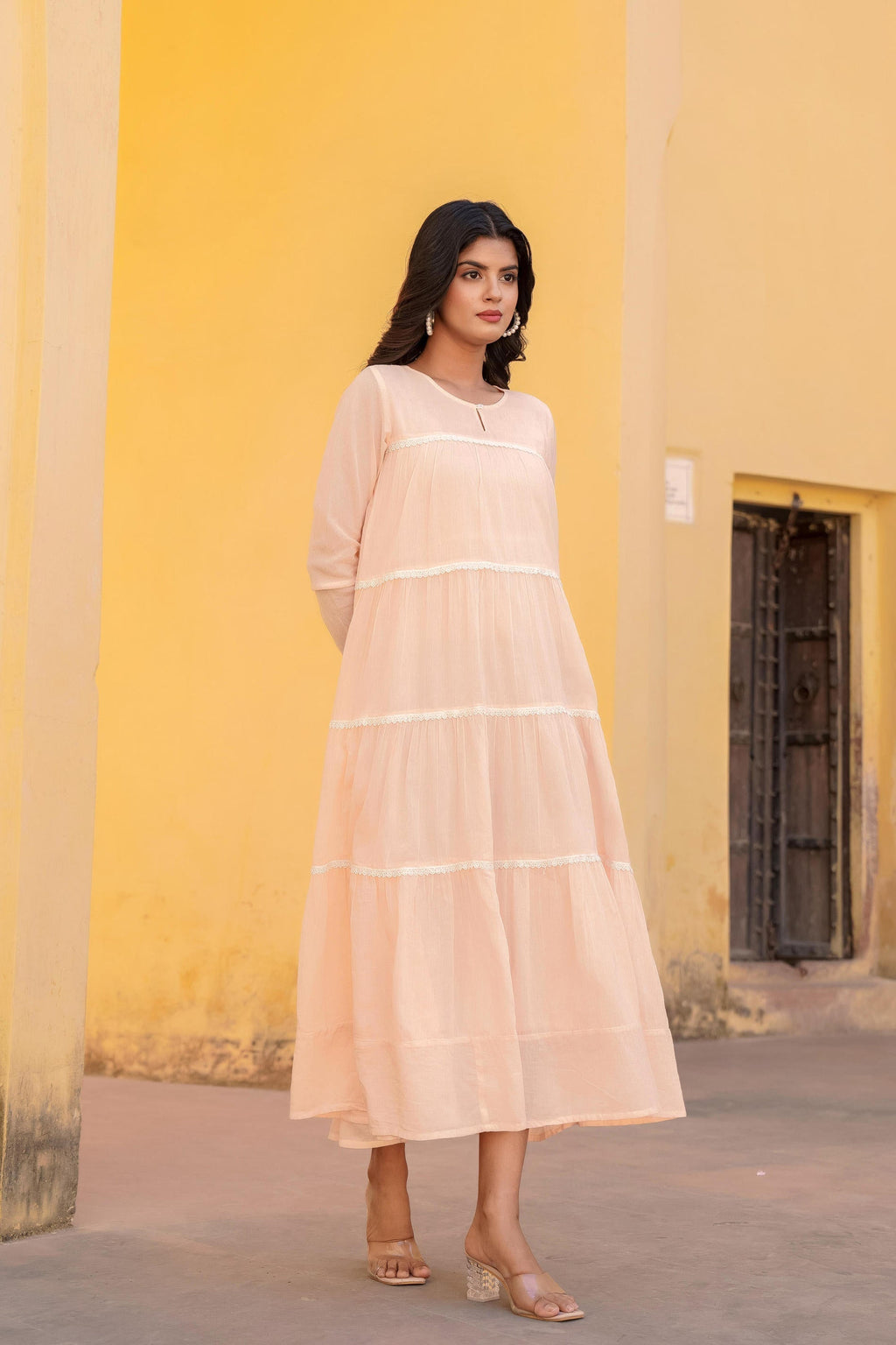 Juniper Peach Tiered Ethnic Maxi Dress with Lace Inserts | Grocsy