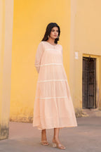 Juniper Peach Tiered Ethnic Maxi Dress with Lace Inserts | Grocsy
