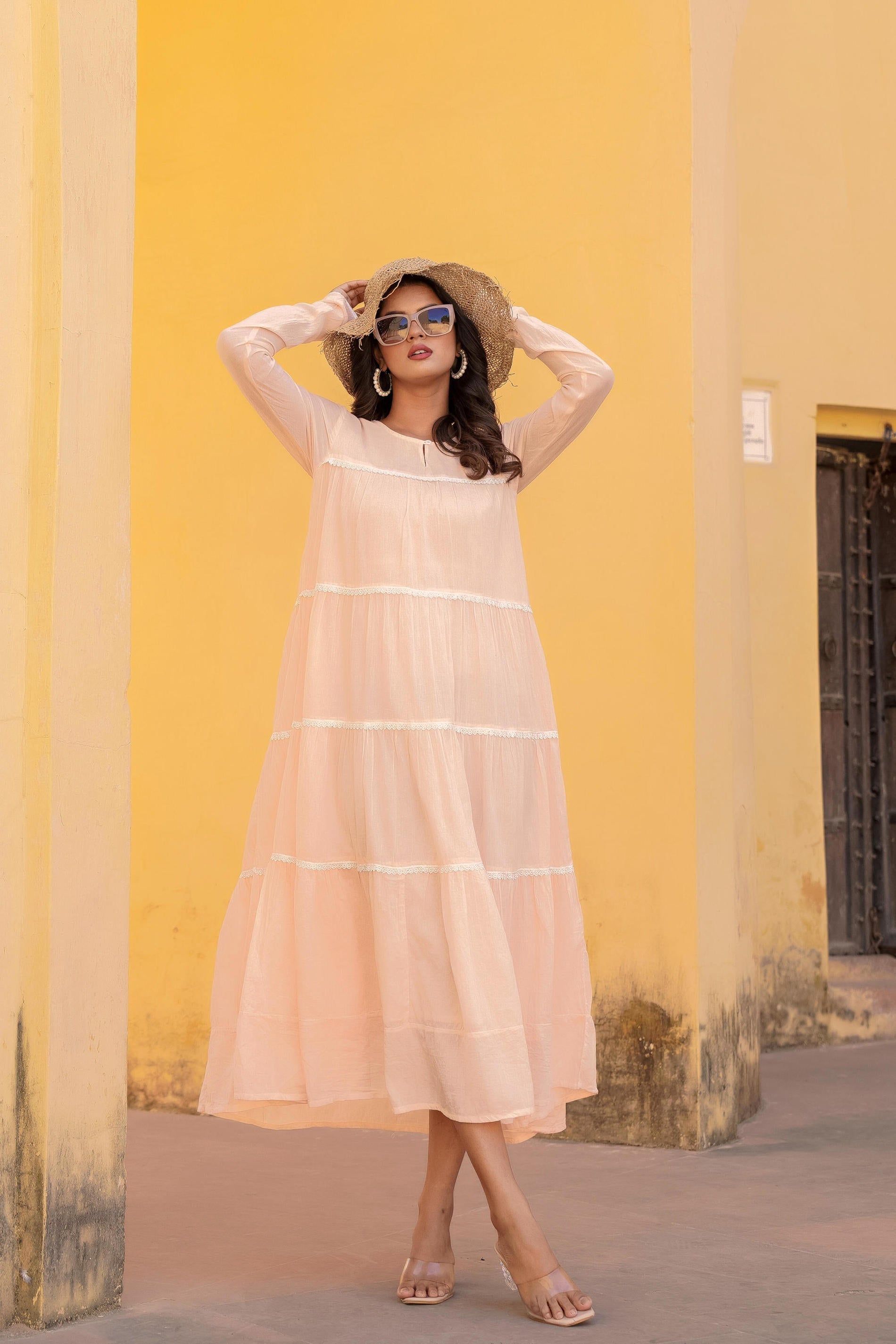 Juniper Peach Tiered Ethnic Maxi Dress with Lace Inserts | Grocsy