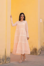 Juniper Peach Tiered Ethnic Maxi Dress with Lace Inserts | Grocsy
