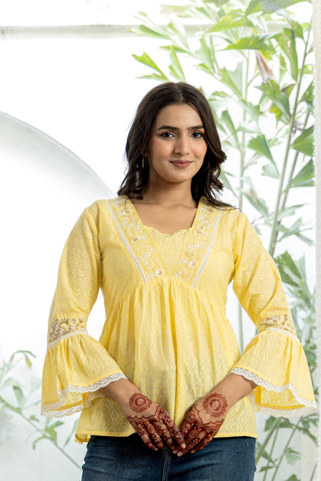 Juniper Lime Yellow Ethnic Peplum Top with Lace & Sequin Embroidery | Grocsy