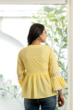Juniper Lime Yellow Ethnic Peplum Top With Lace & Sequin Embroidery | Grocsy