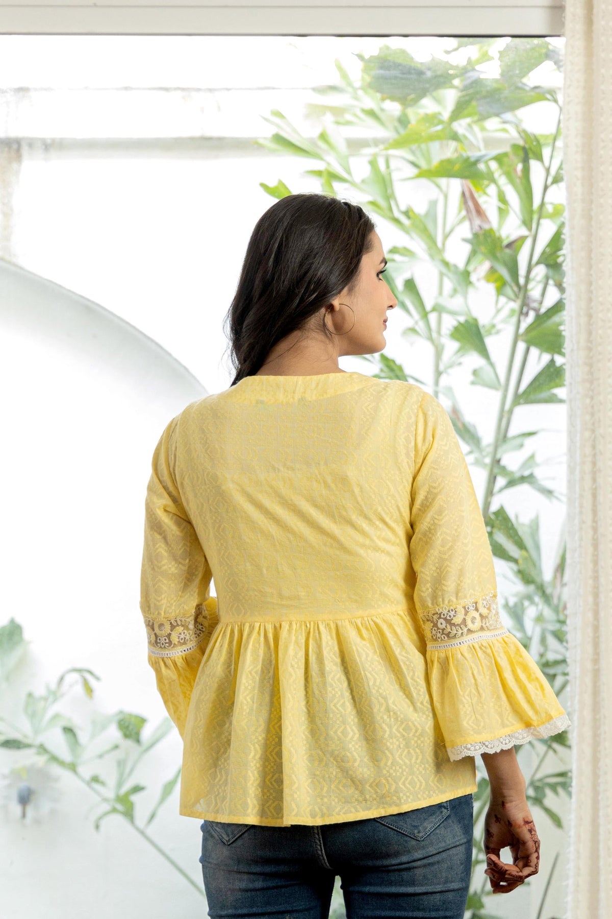 Juniper Lime Yellow Ethnic Peplum Top With Lace & Sequin Embroidery | Grocsy