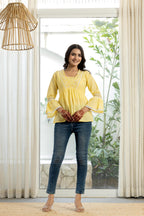 Juniper Lime Yellow Ethnic Peplum Top With Lace & Sequin Embroidery | Grocsy