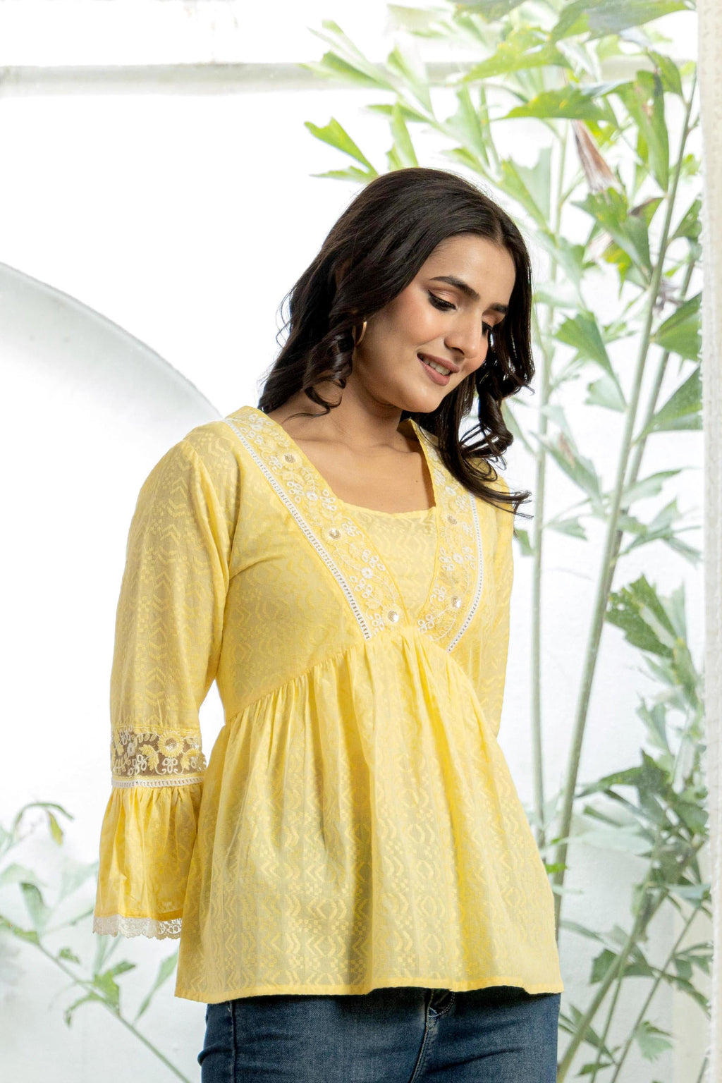 Juniper Lime Yellow Ethnic Peplum Top with Lace & Sequin Embroidery | Grocsy