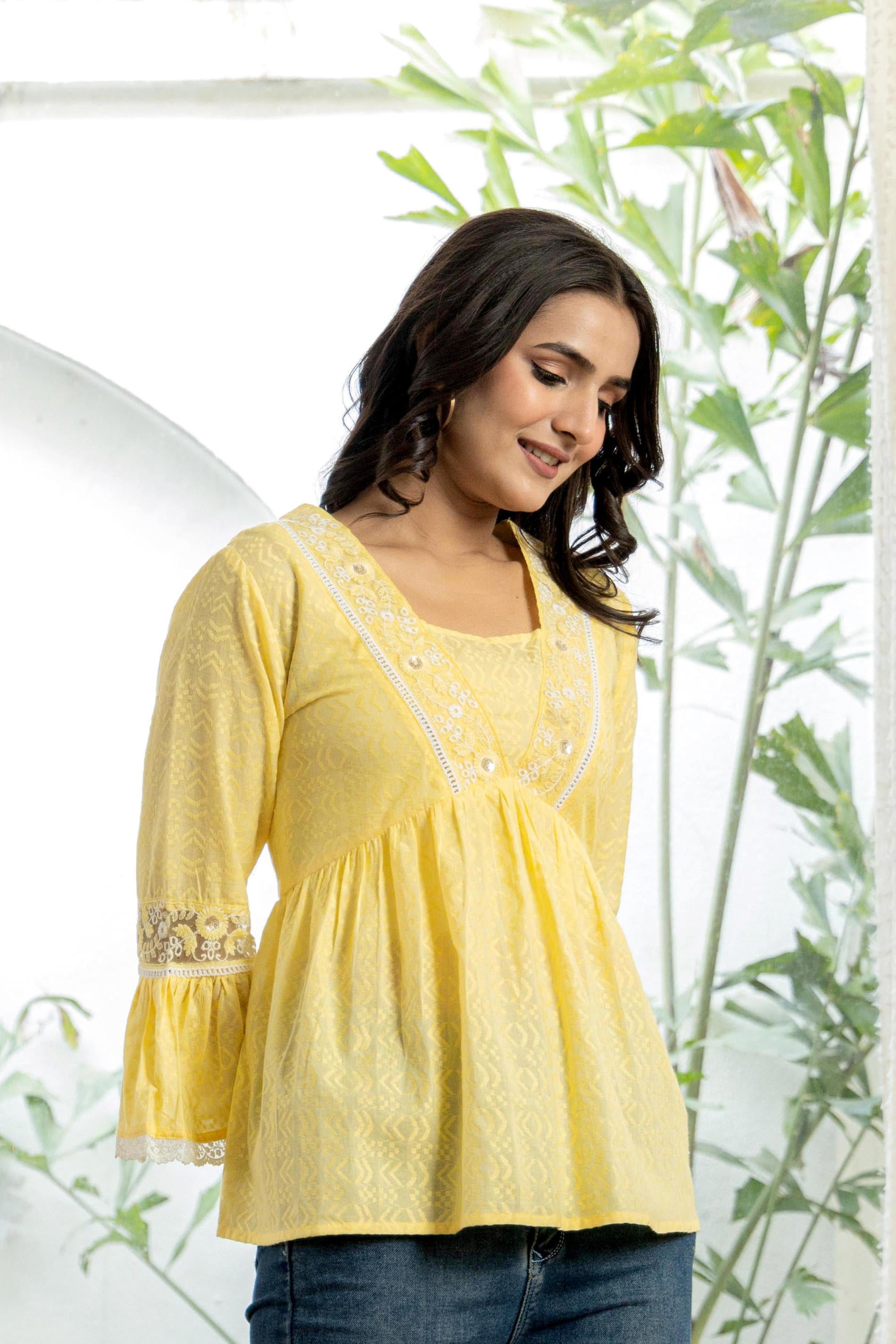 Juniper Lime Yellow Ethnic Peplum Top with Lace & Sequin Embroidery | Grocsy