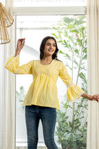 Juniper Lime Yellow Ethnic Peplum Top with Lace & Sequin Embroidery | Grocsy
