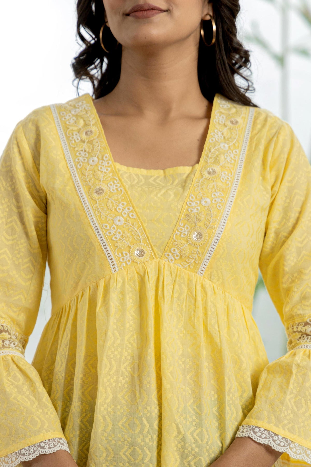 Juniper Lime Yellow Ethnic Peplum Top with Lace & Sequin Embroidery | Grocsy