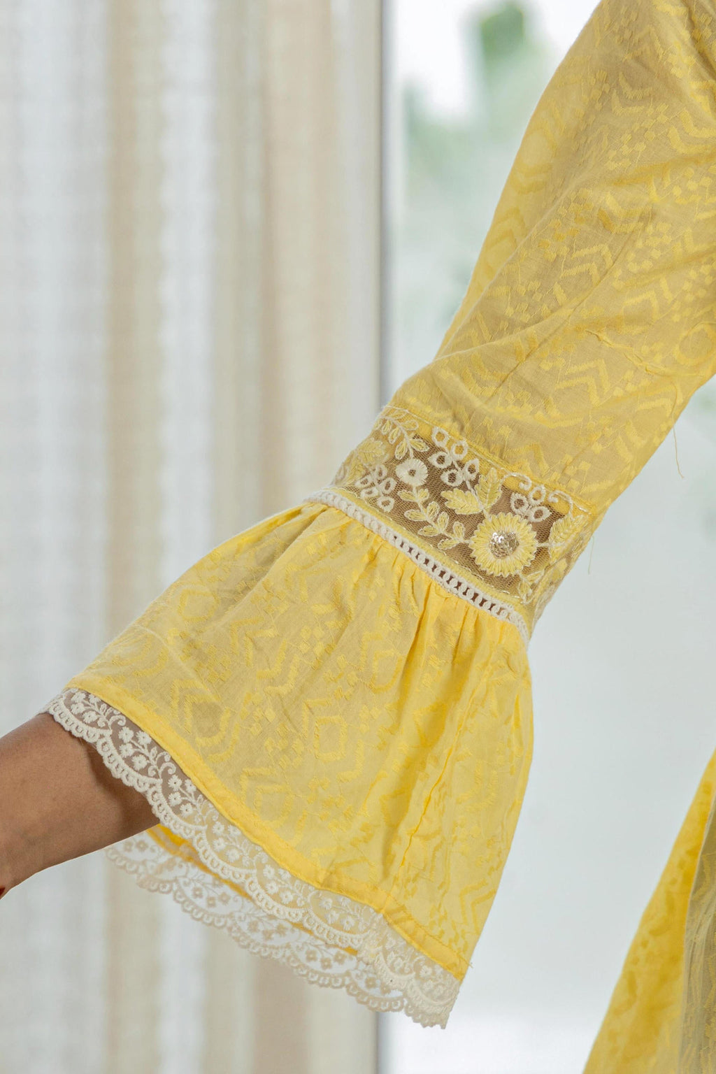Juniper Lime Yellow Ethnic Peplum Top with Lace & Sequin Embroidery | Grocsy