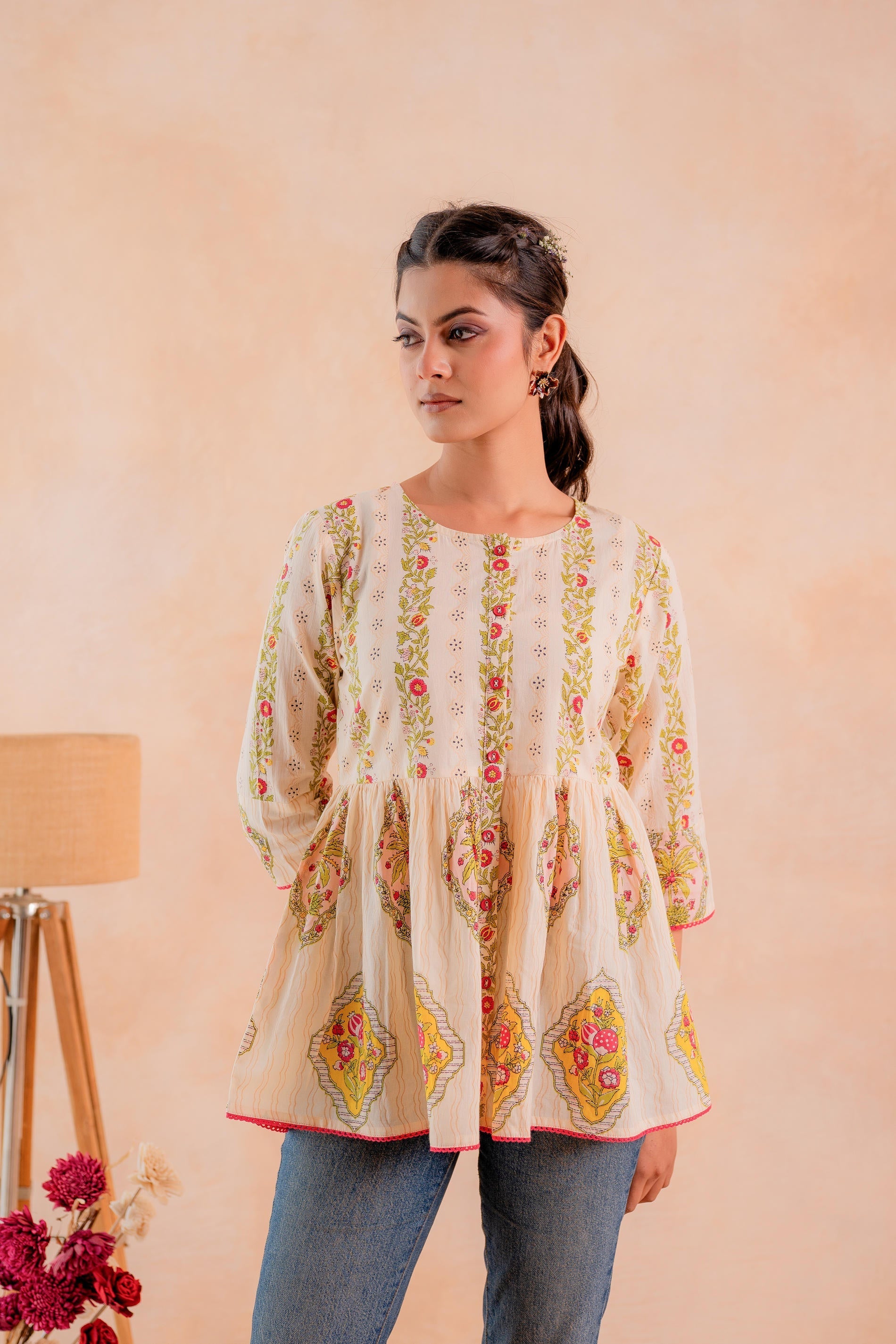 Juniper Beige Printed Flared Ethnic Tunic with Button Placket | Grocsy