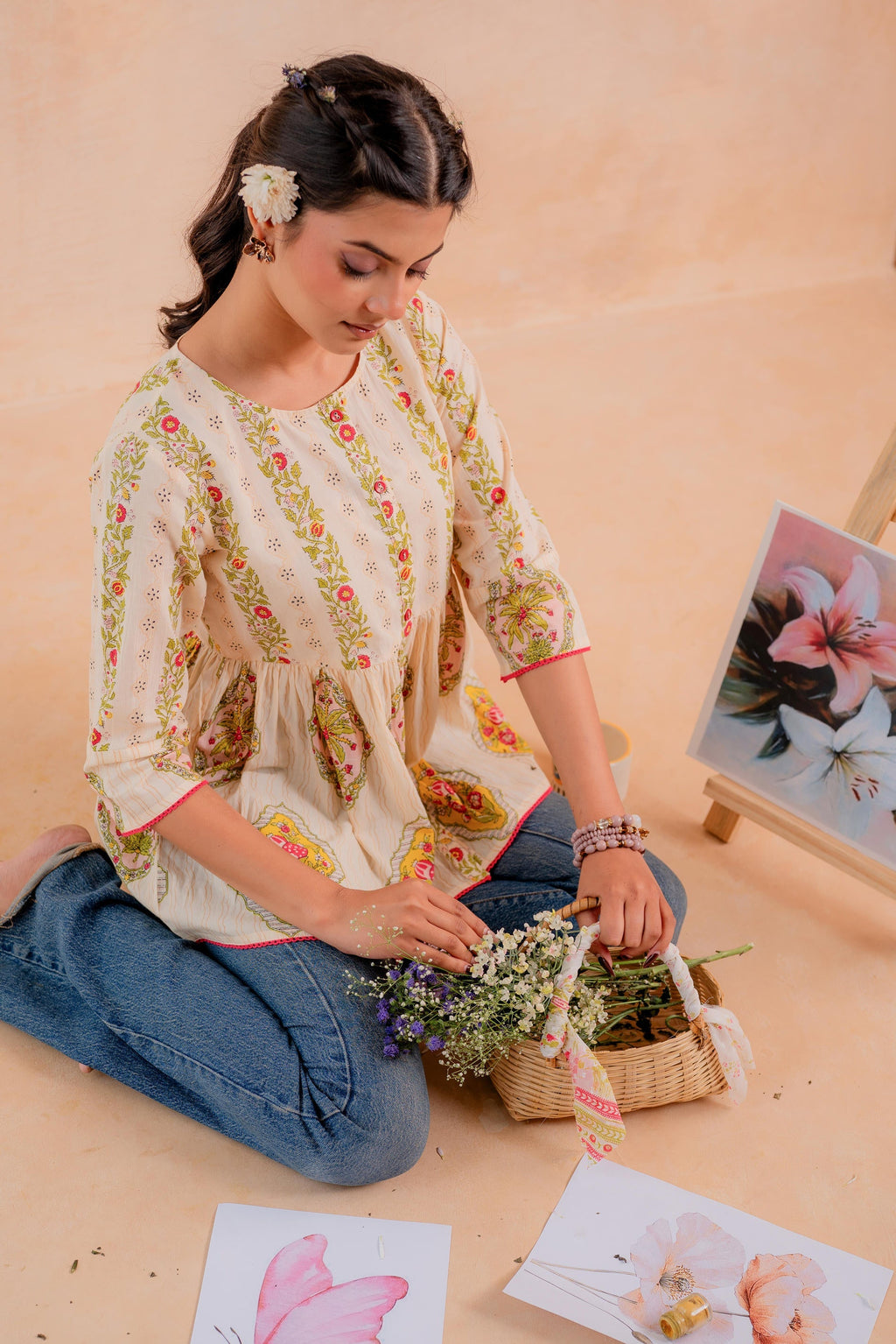 Juniper Beige Printed Flared Ethnic Tunic with Button Placket | Grocsy