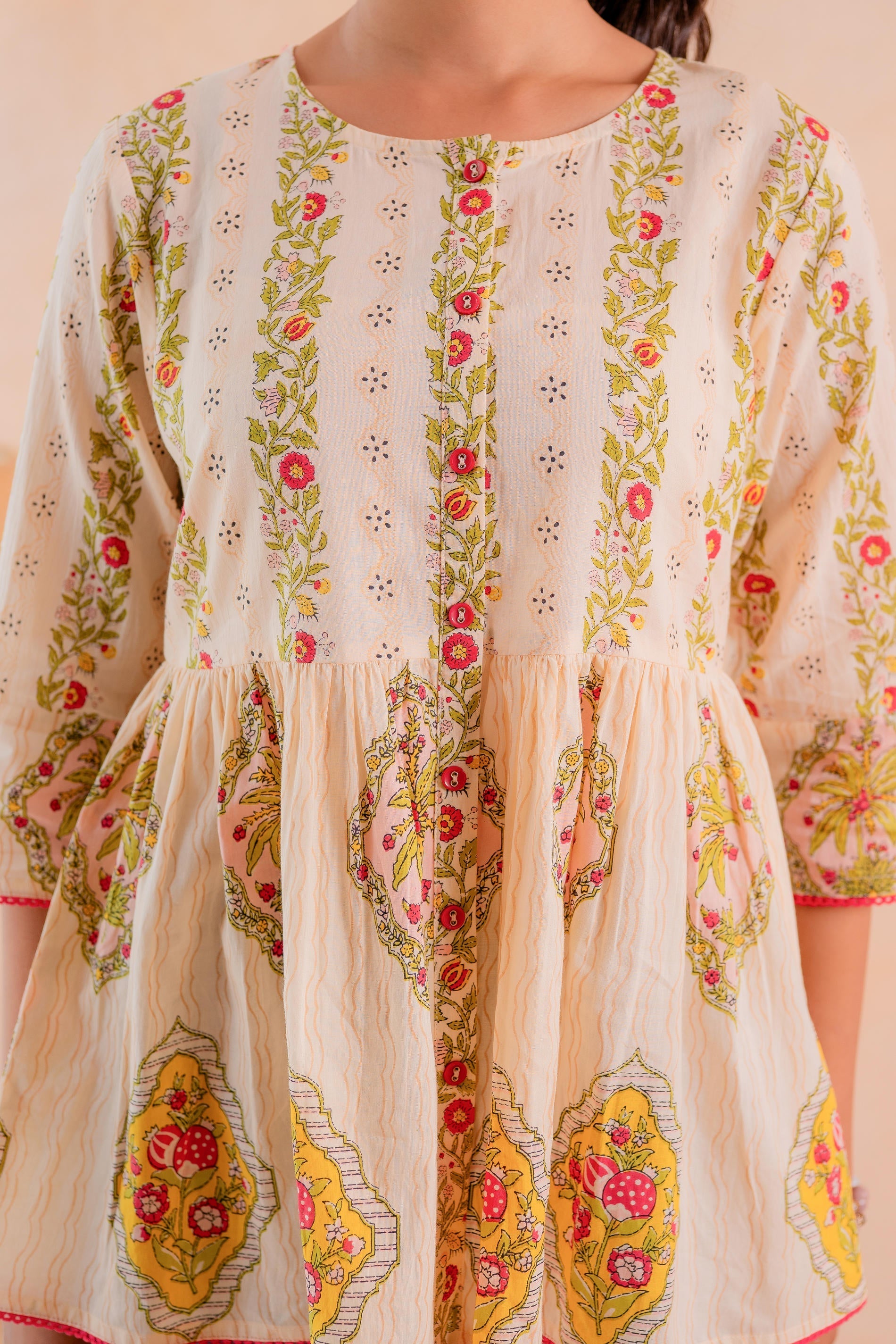 Juniper Beige Printed Flared Ethnic Tunic with Button Placket | Grocsy