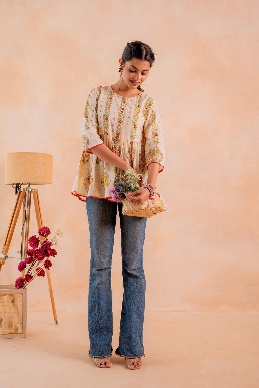 Juniper Beige Printed Flared Ethnic Tunic with Button Placket | Grocsy