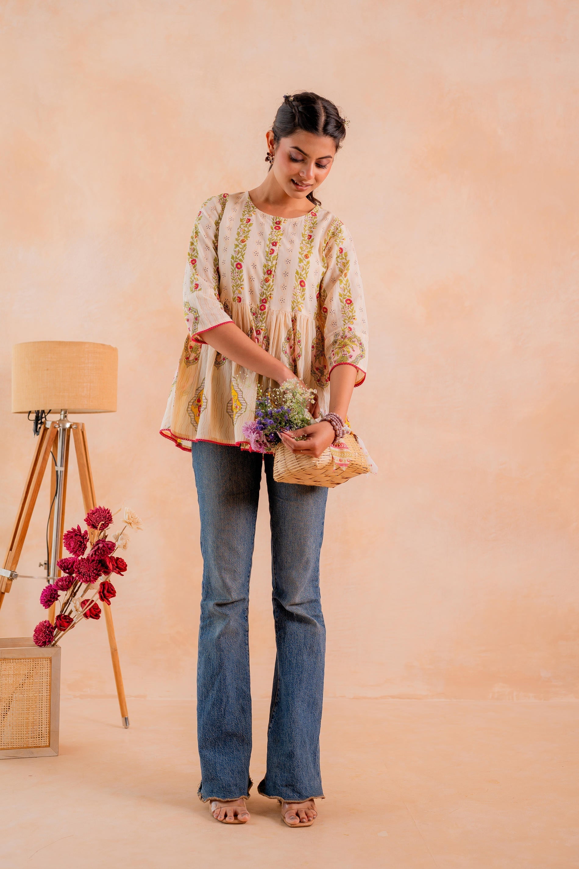 Juniper Beige Printed Flared Ethnic Tunic with Button Placket | Grocsy