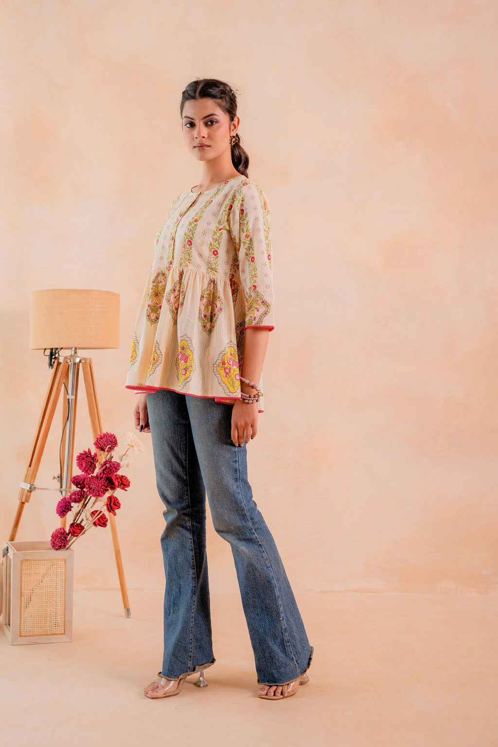Juniper Beige Printed Flared Ethnic Tunic with Button Placket | Grocsy