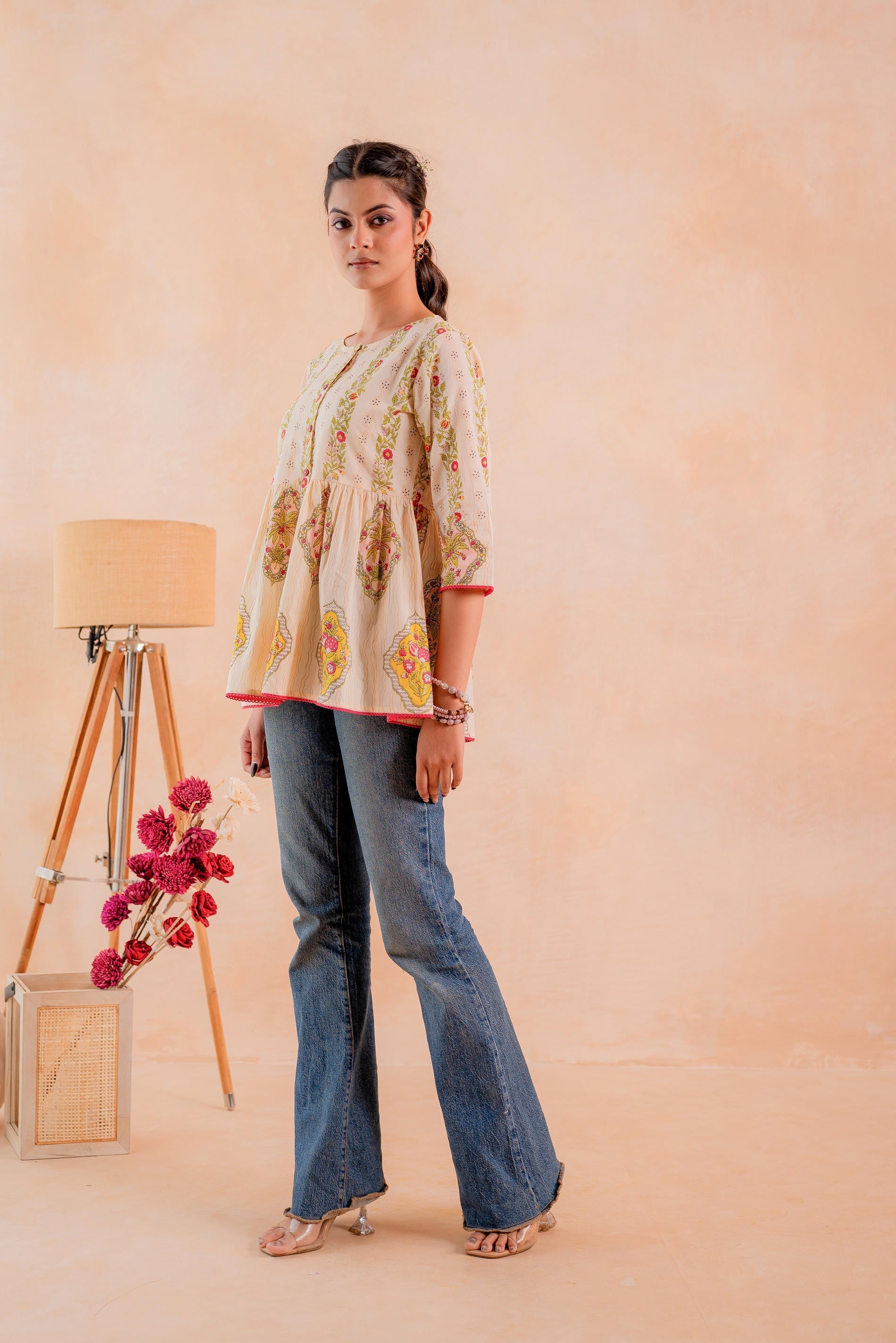 Juniper Beige Printed Flared Ethnic Tunic with Button Placket | Grocsy