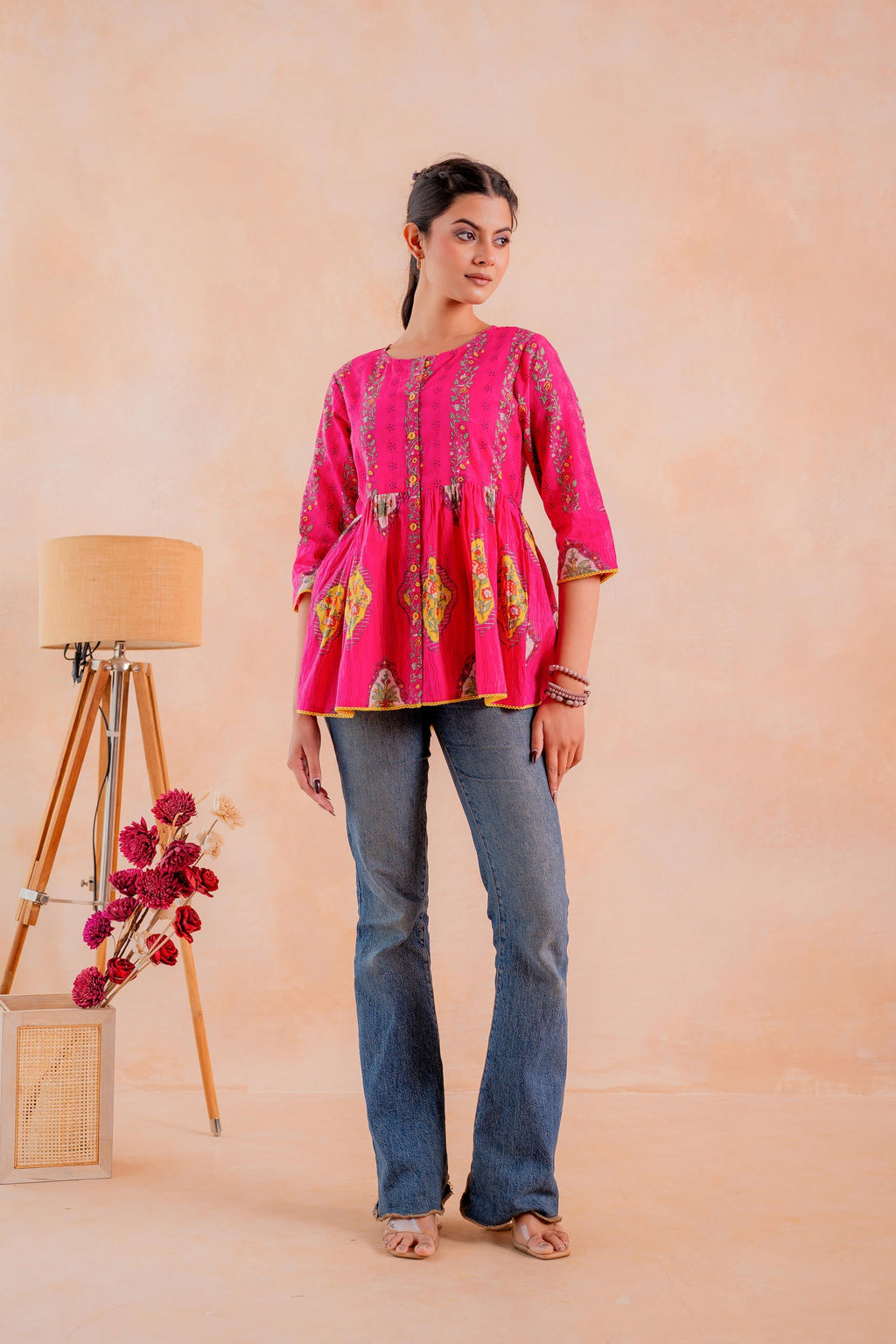 Juniper Fuchsia Printed Flared Ethnic Tunic with Button Placket | Grocsy
