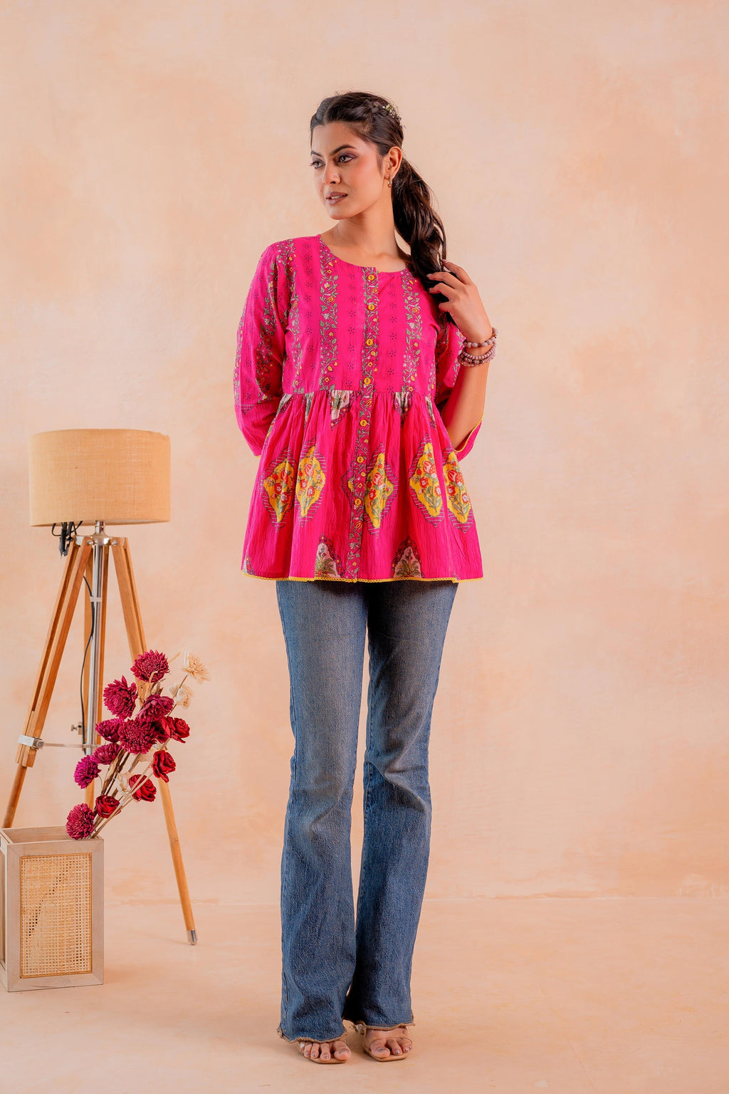 Juniper Fuchsia Printed Flared Ethnic Tunic with Button Placket | Grocsy