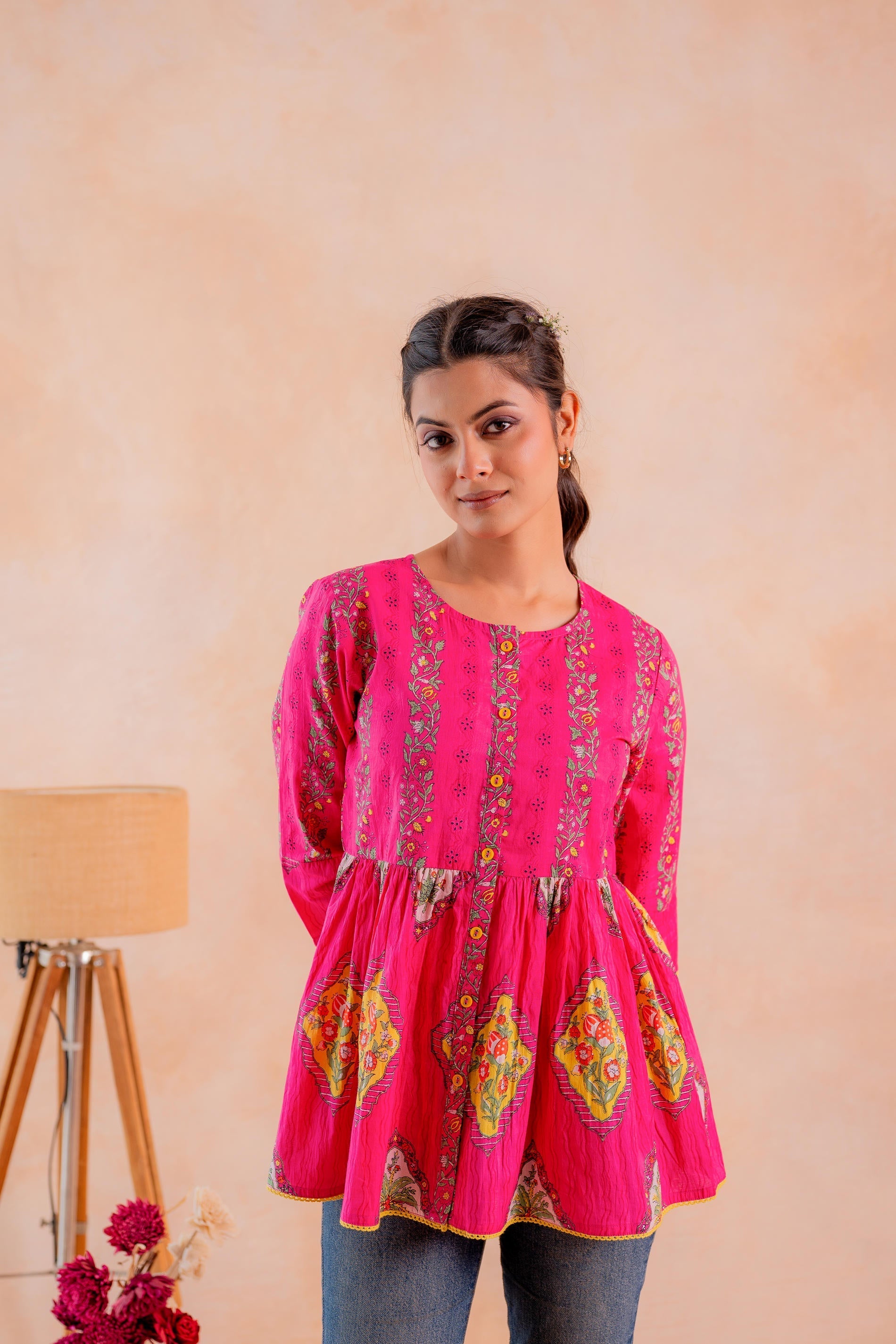Juniper Fuchsia Printed Flared Ethnic Tunic with Button Placket | Grocsy