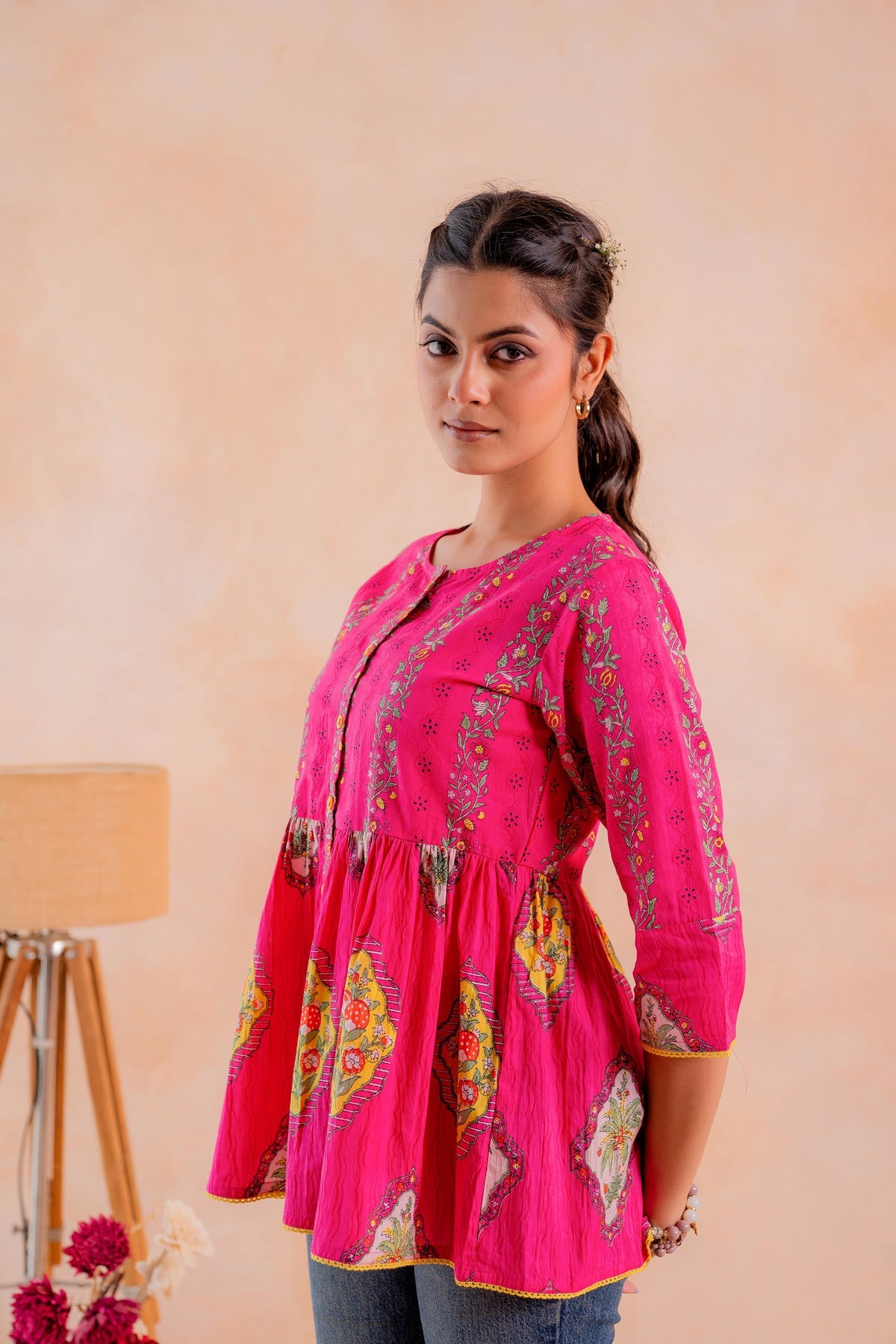 Juniper Fuchsia Printed Flared Ethnic Tunic with Button Placket | Grocsy