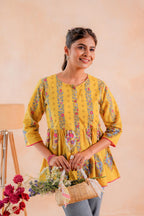 Juniper Mustard Printed Flared Ethnic Tunic with Button Placket | Grocsy