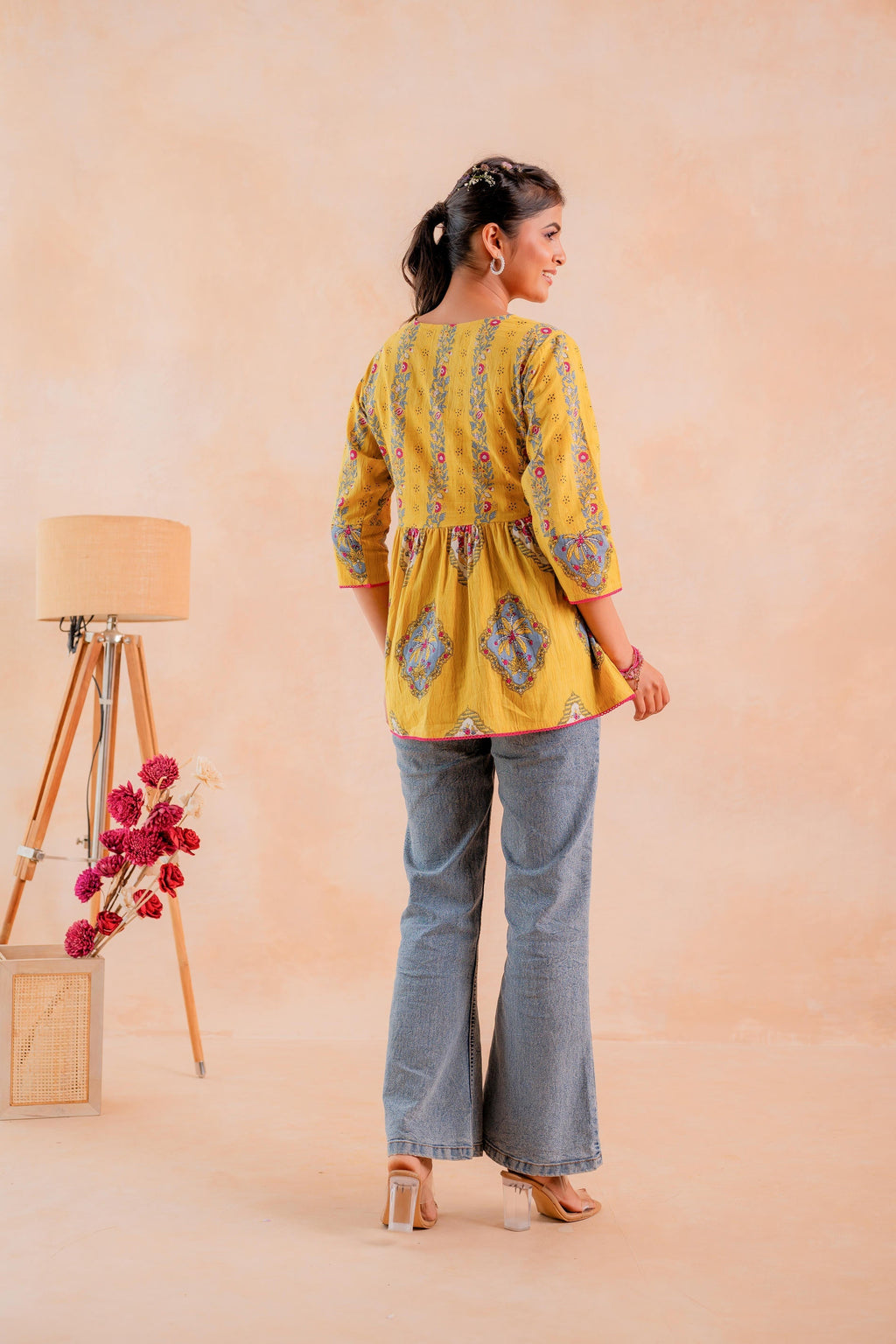 Juniper Mustard Printed Flared Ethnic Tunic with Button Placket | Grocsy