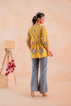 Juniper Mustard Printed Flared Ethnic Tunic with Button Placket | Grocsy