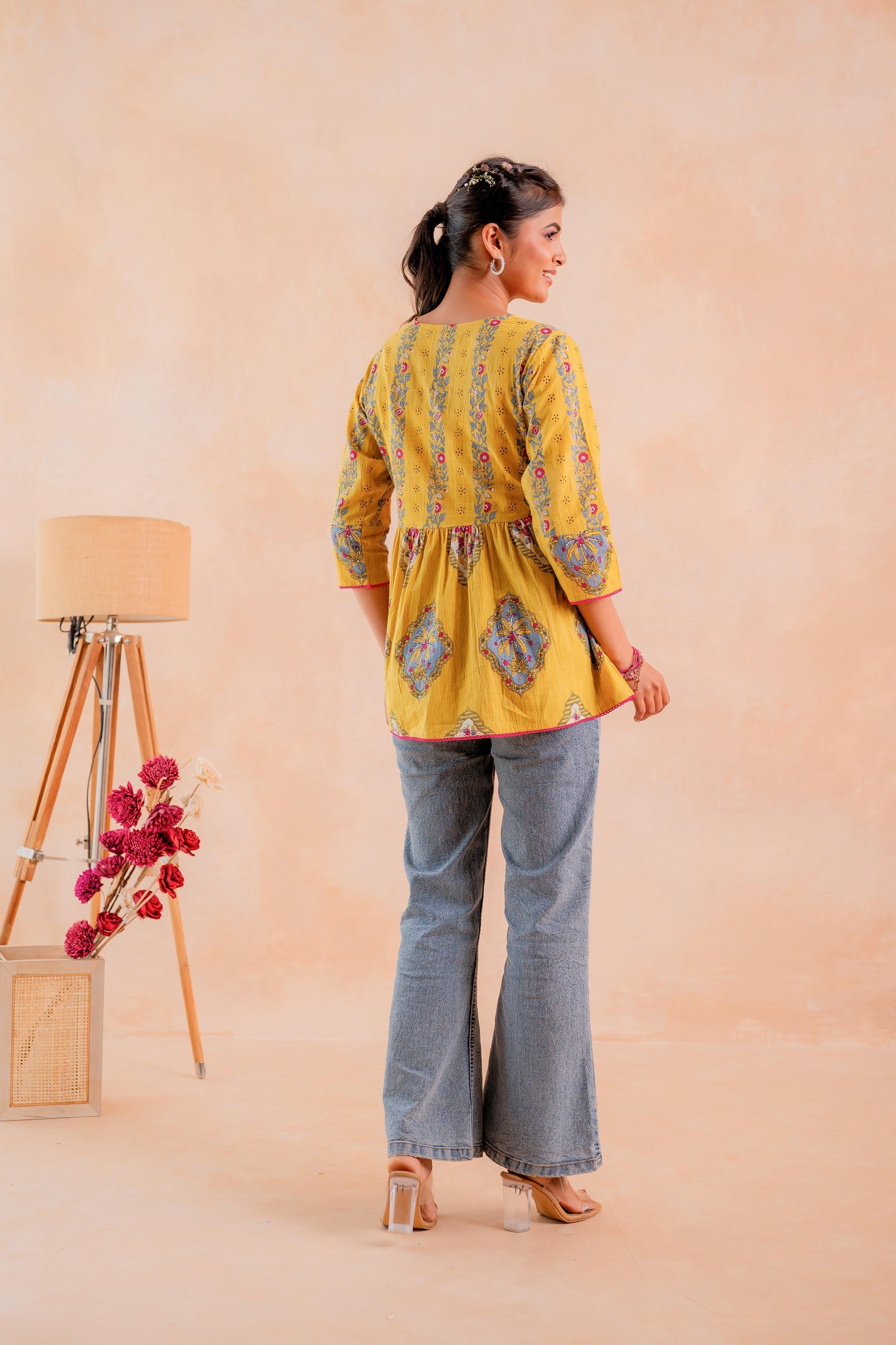 Juniper Mustard Printed Flared Ethnic Tunic with Button Placket | Grocsy