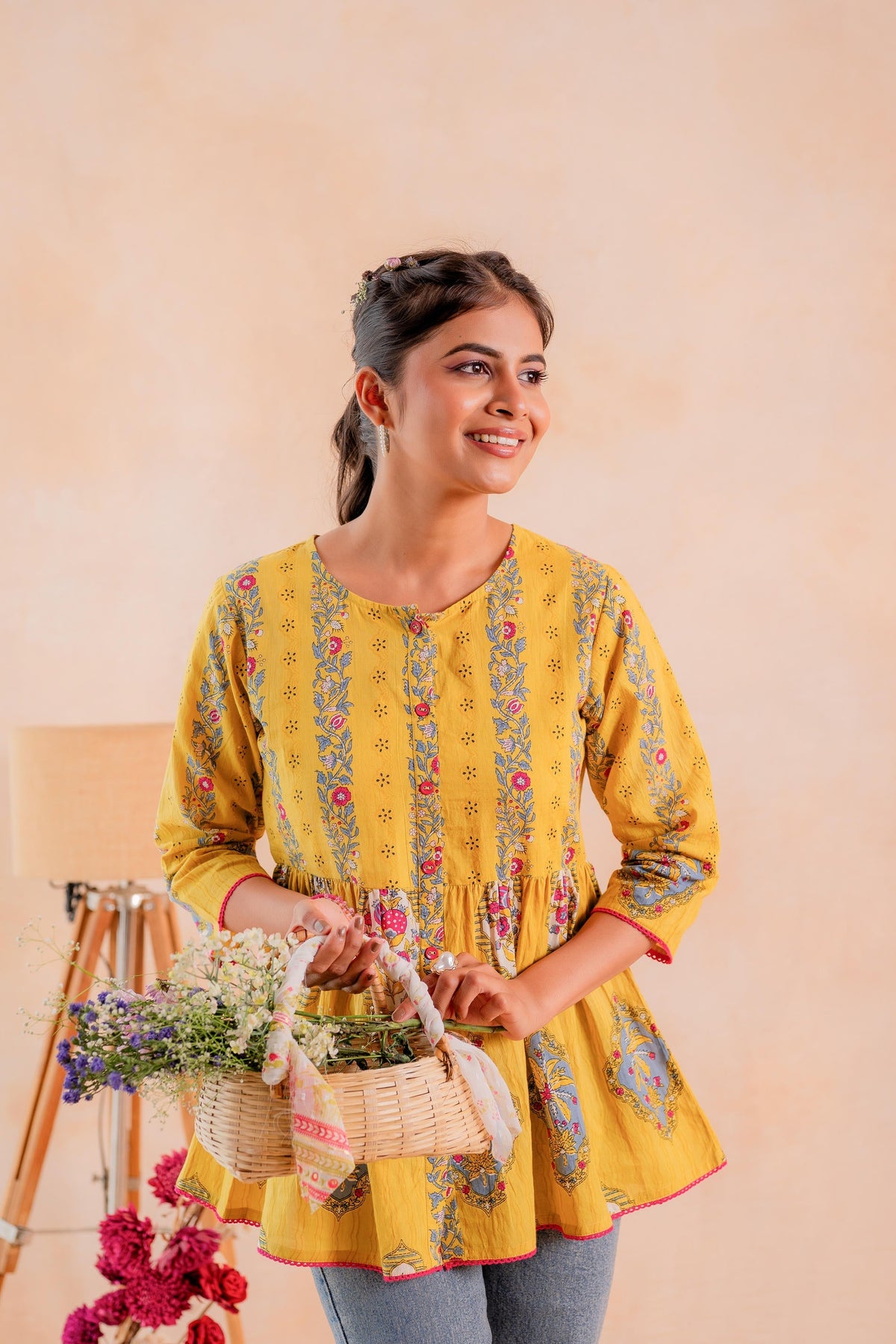 Juniper Mustard Printed Flared Ethnic Tunic with Button Placket | Grocsy