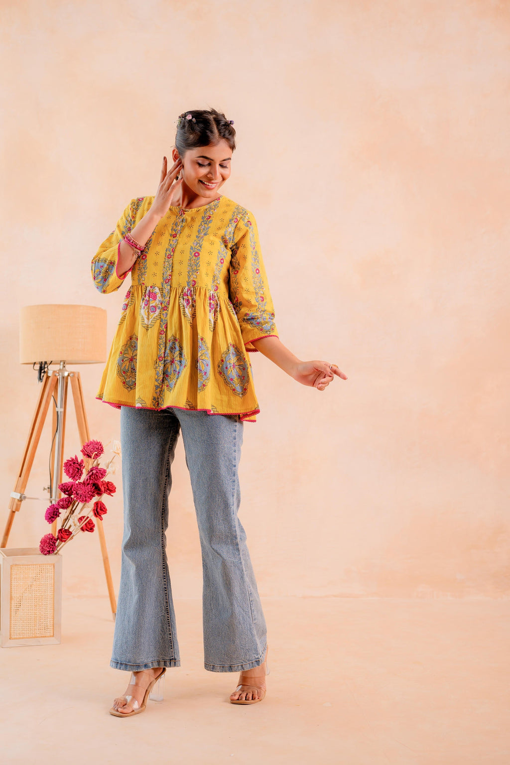 Juniper Mustard Printed Flared Ethnic Tunic with Button Placket | Grocsy