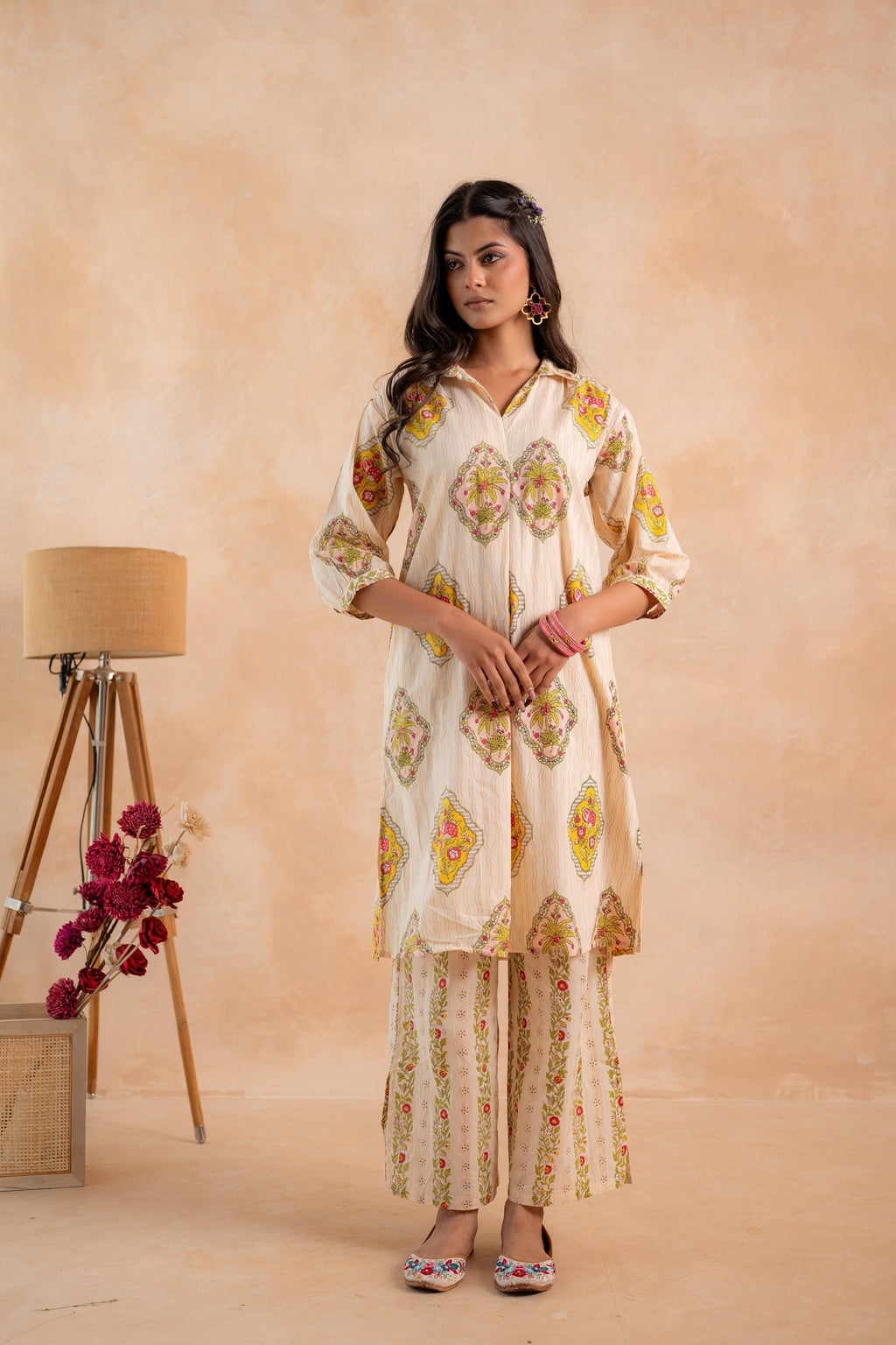 Juniper Beige Heritage Print Kurta And Pant Set | Grocsy