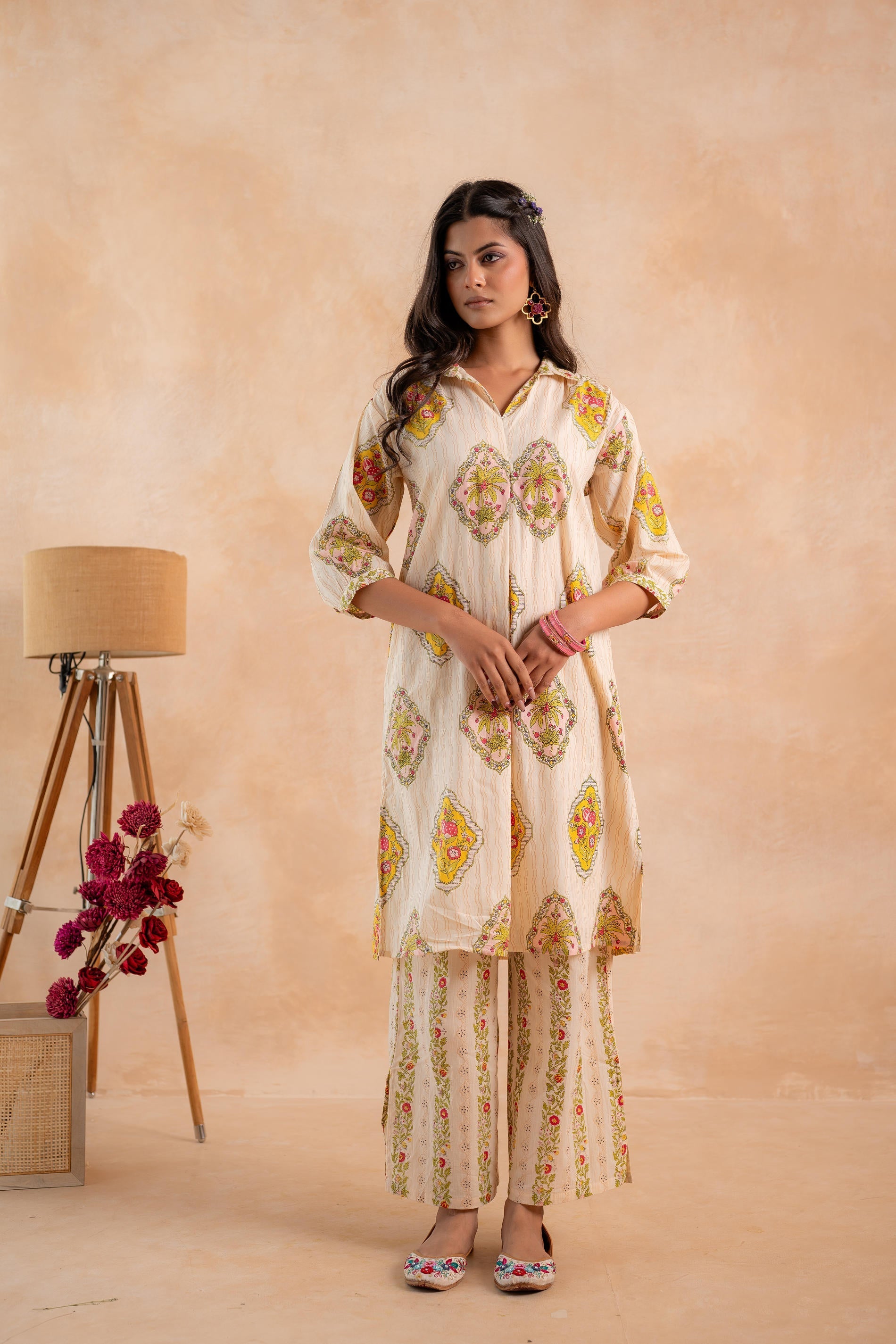 Juniper Beige Heritage Print Kurta And Pant Set | Grocsy