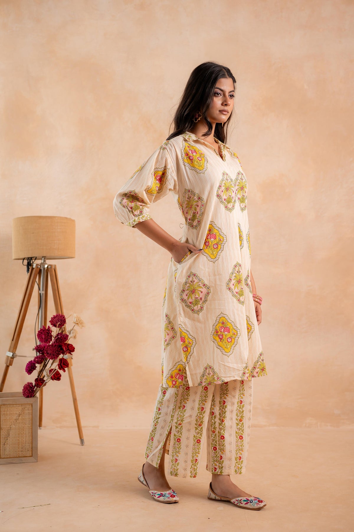 Juniper Beige Heritage Print Kurta And Pant Set | Grocsy