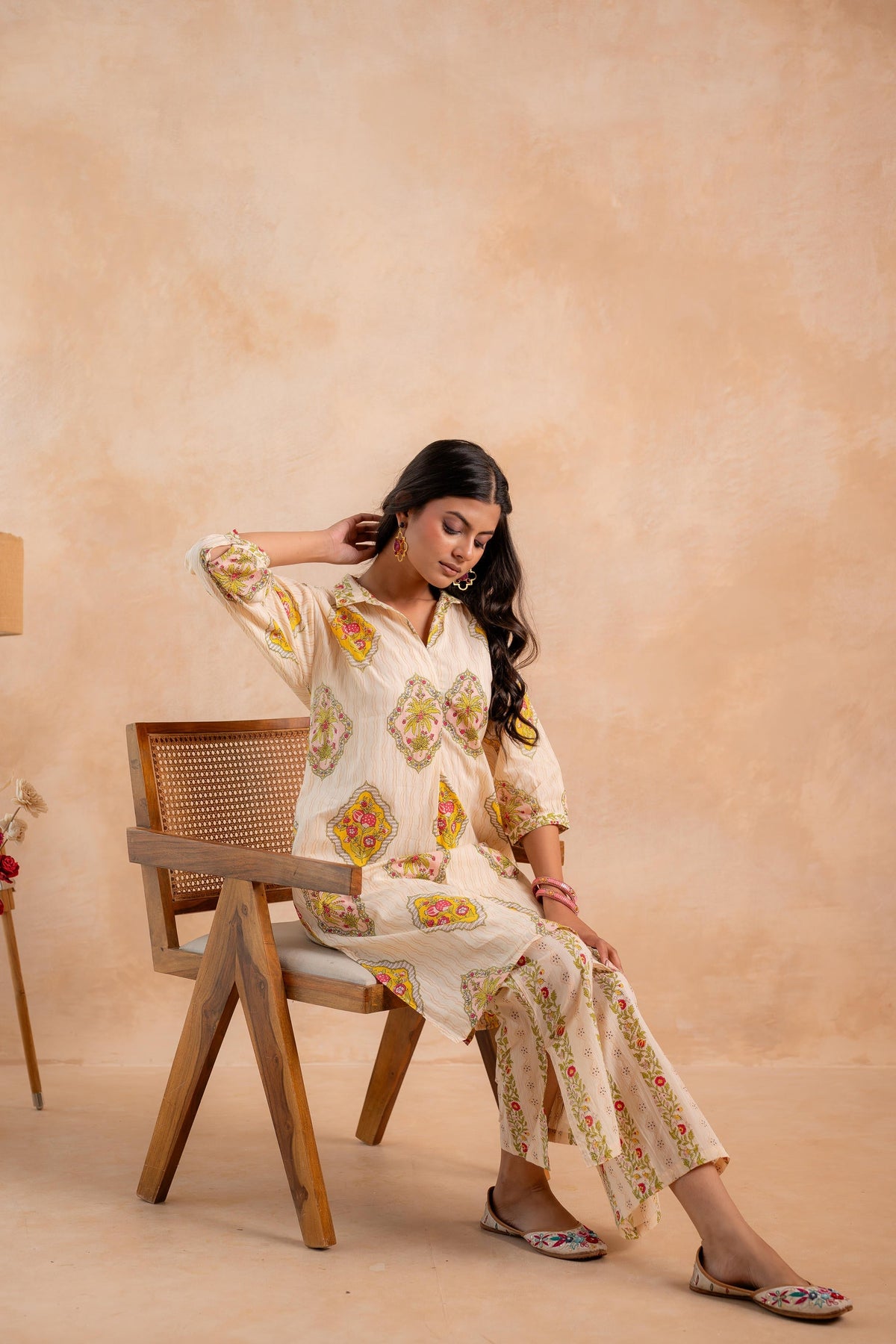 Juniper Beige Heritage Print Kurta And Pant Set | Grocsy
