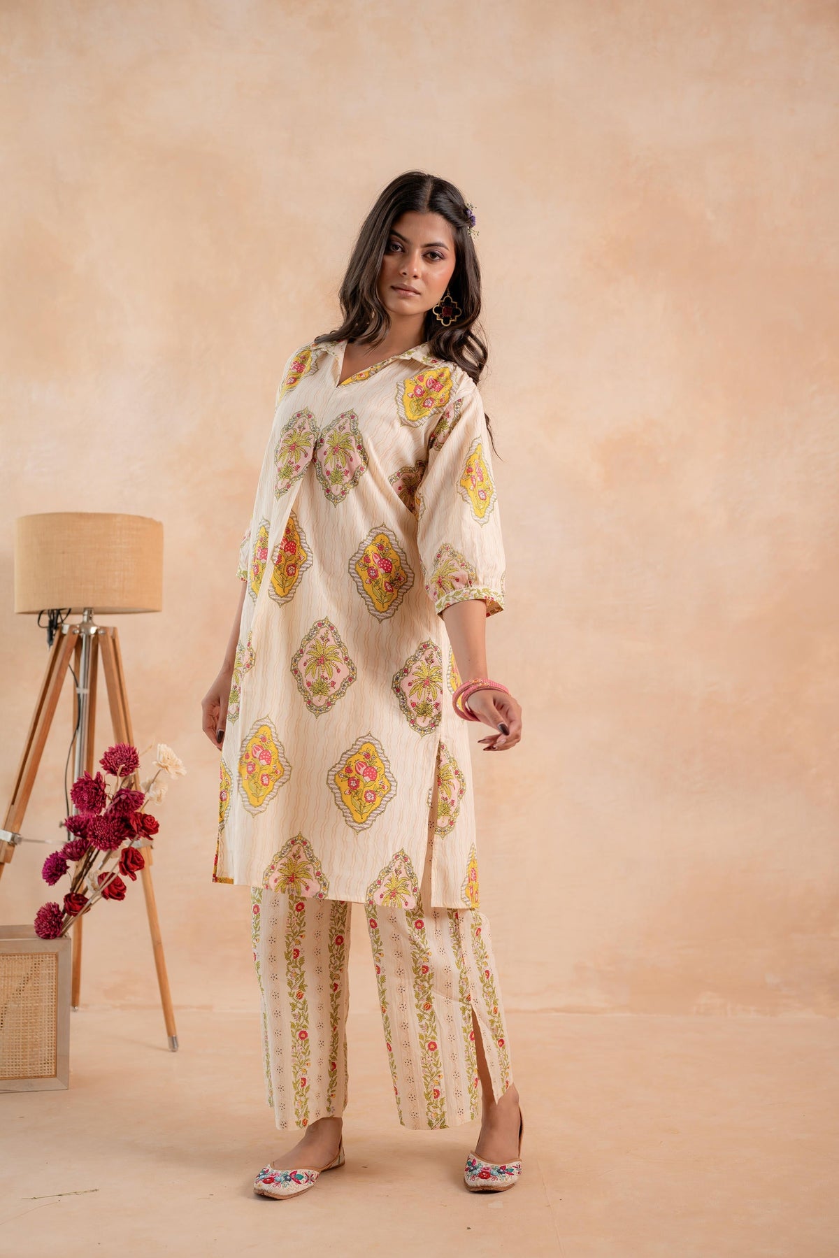Juniper Beige Heritage Print Kurta And Pant Set | Grocsy