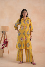 Juniper Mustard Heritage Print Kurta And Pant Set | Grocsy