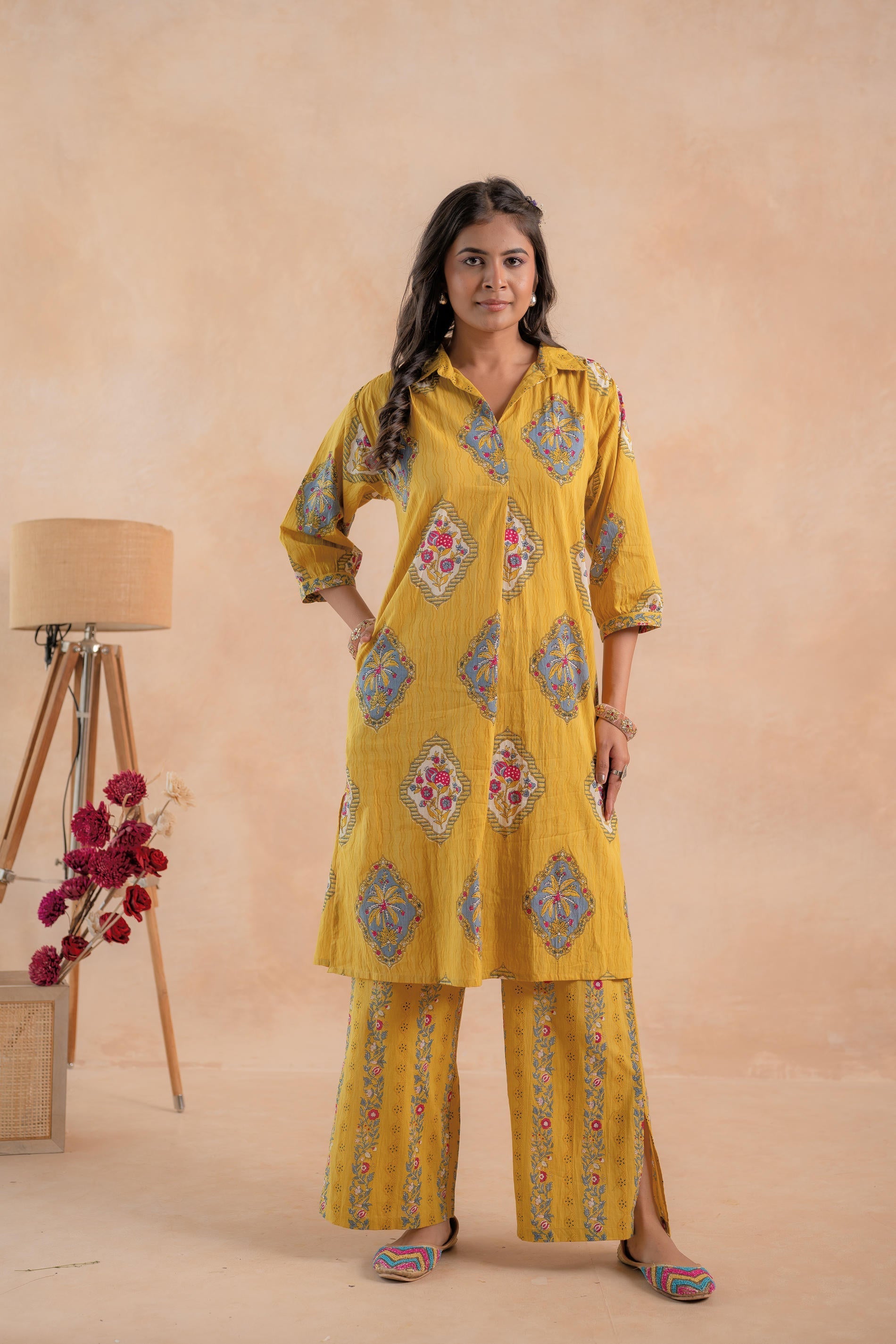 Juniper Mustard Heritage Print Kurta And Pant Set | Grocsy