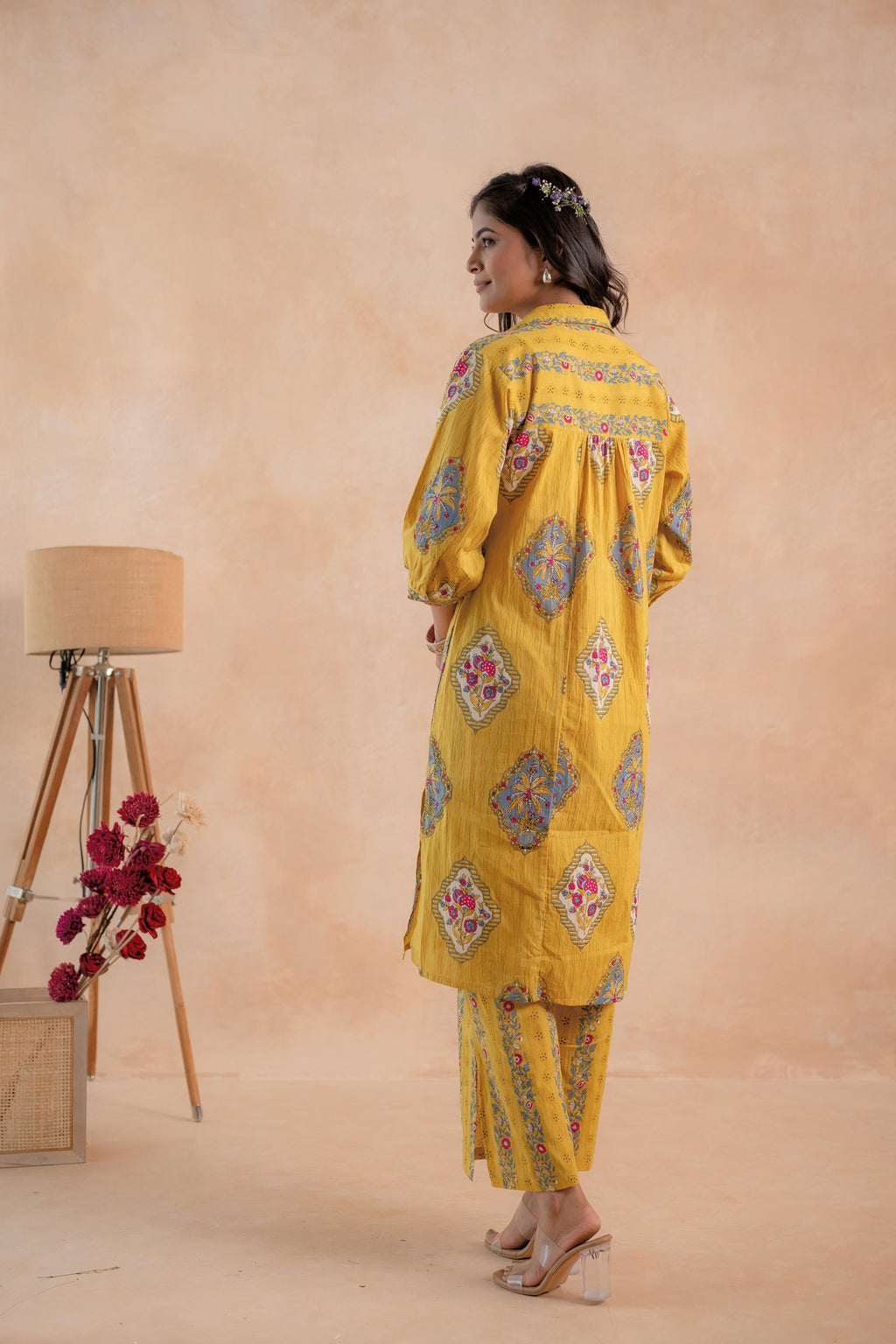 Juniper Mustard Heritage Print Kurta And Pant Set | Grocsy