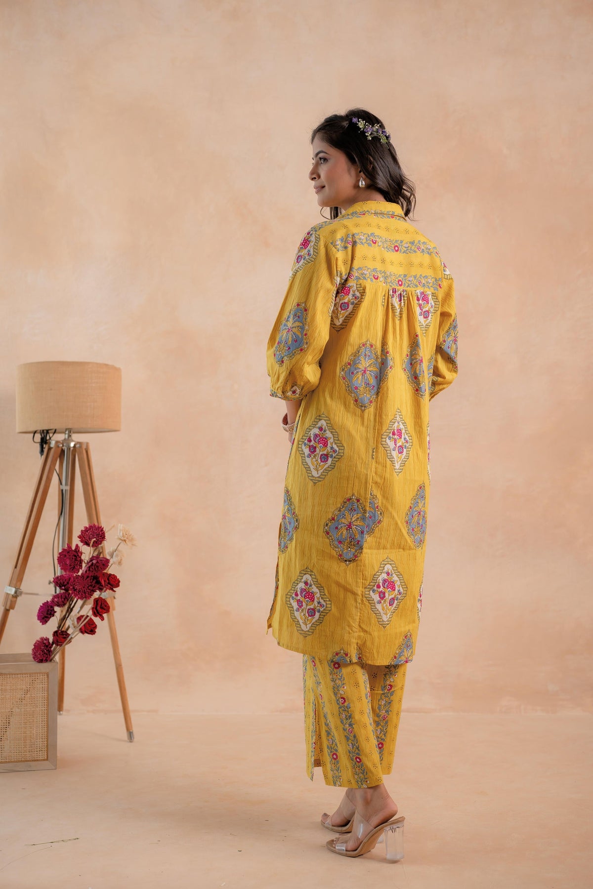 Juniper Mustard Heritage Print Kurta And Pant Set | Grocsy